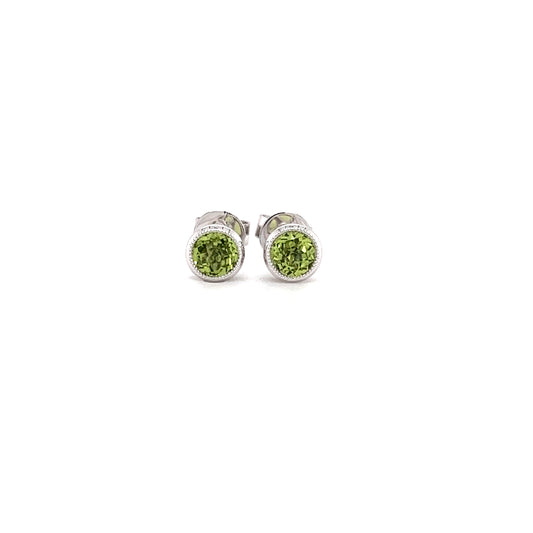 Round Peridot Stud Earrings with Filigree Basket in 14K White Gold Front View