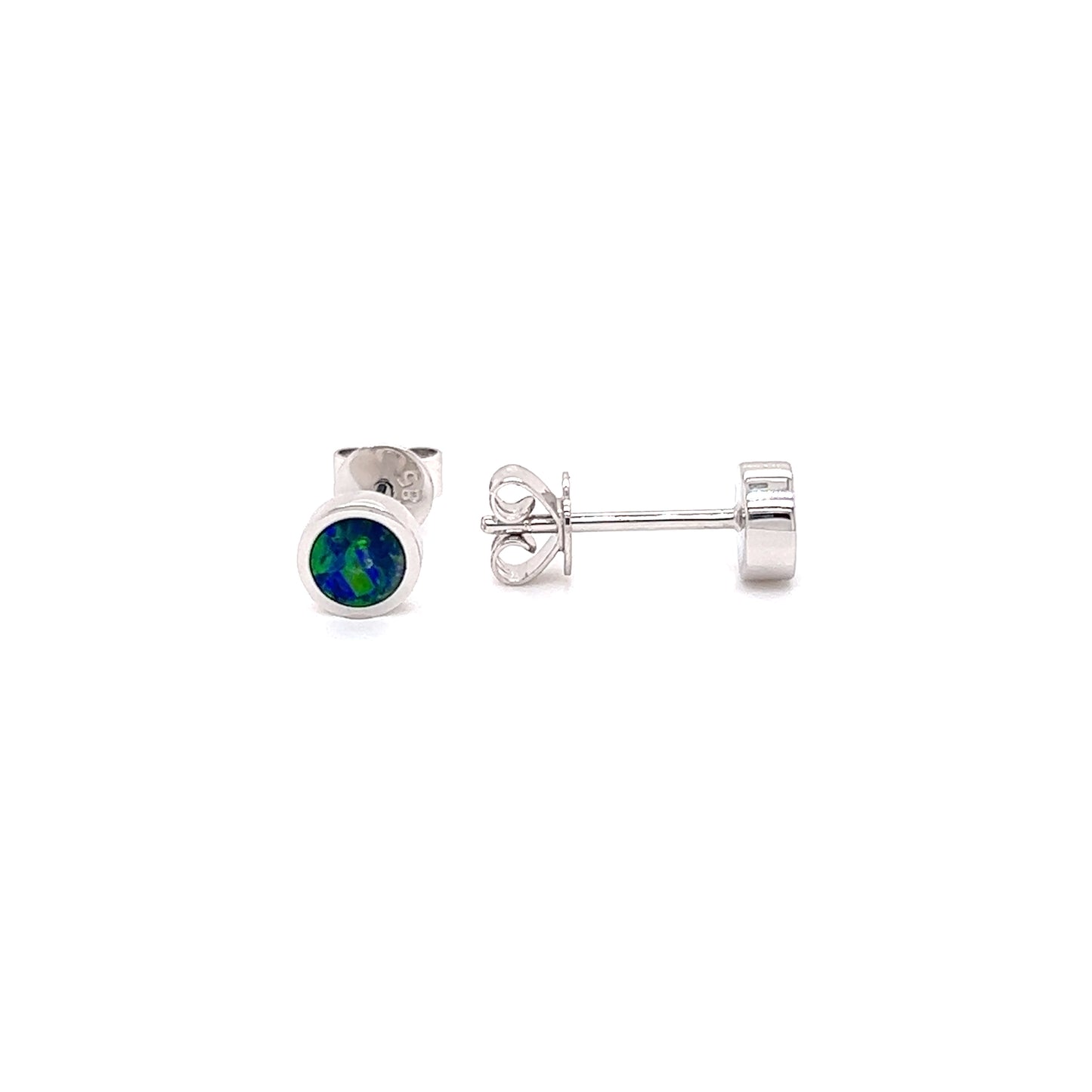 Black Opal Stud Earrings in 14K White Gold Front and Side View