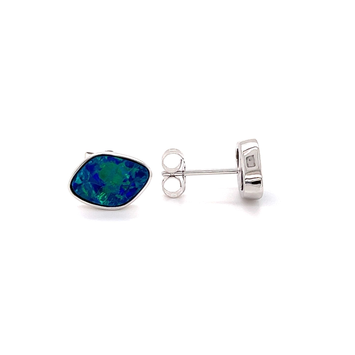 Black Opal Stud Earrings with 2.79ctw of Opal in 14K White Gold Front and Side View