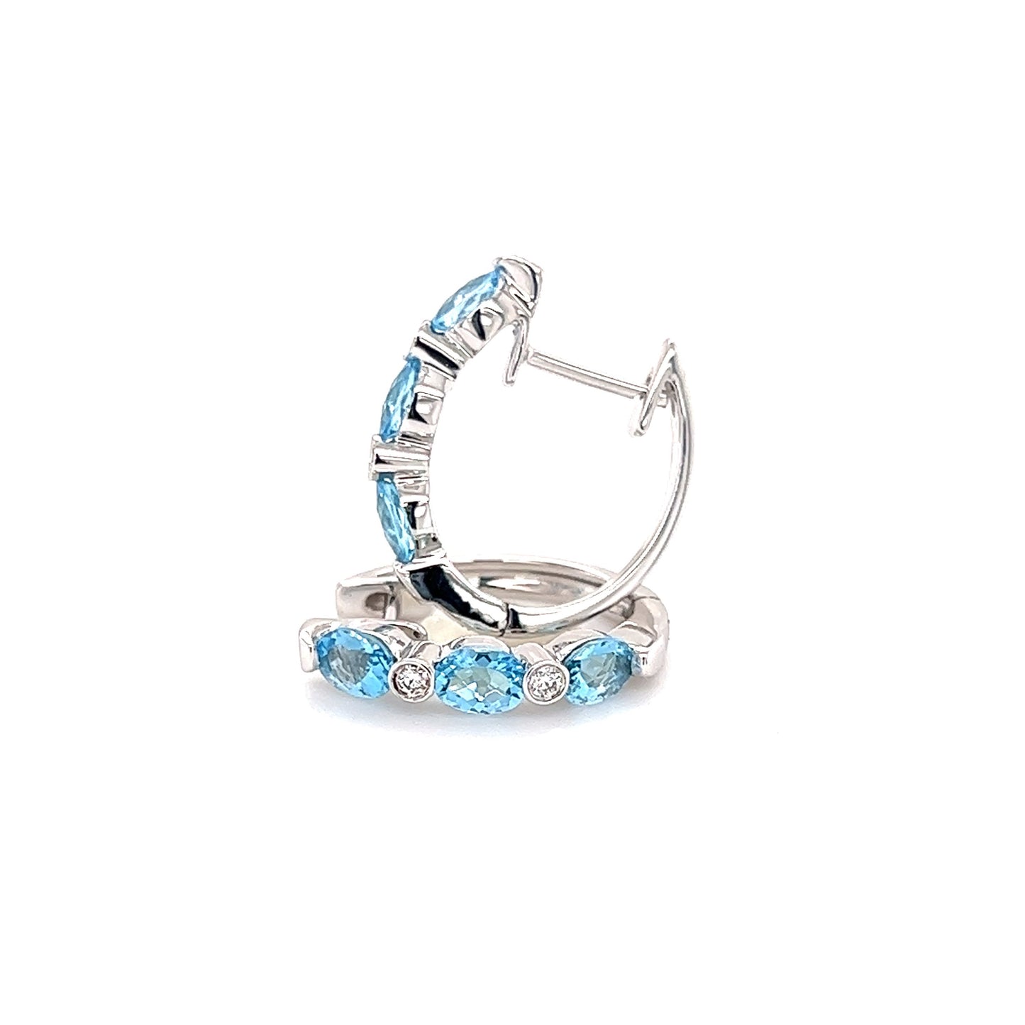 Aquamarine Hoop Earrings with Four Diamonds in 14K White Gold Front and Side View