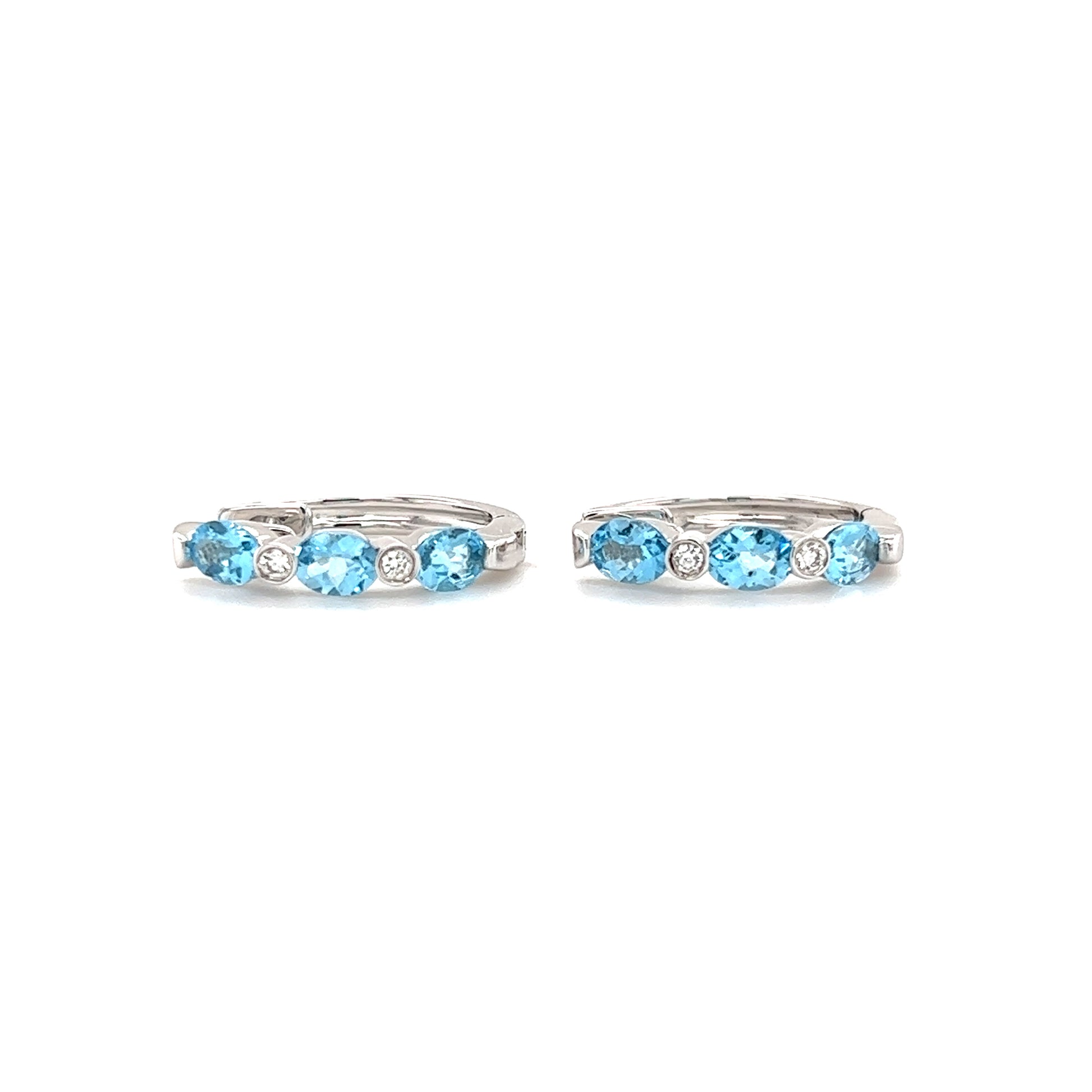 Aquamarine Hoop Earrings with Four Diamonds in 14K White Gold Front Flat View