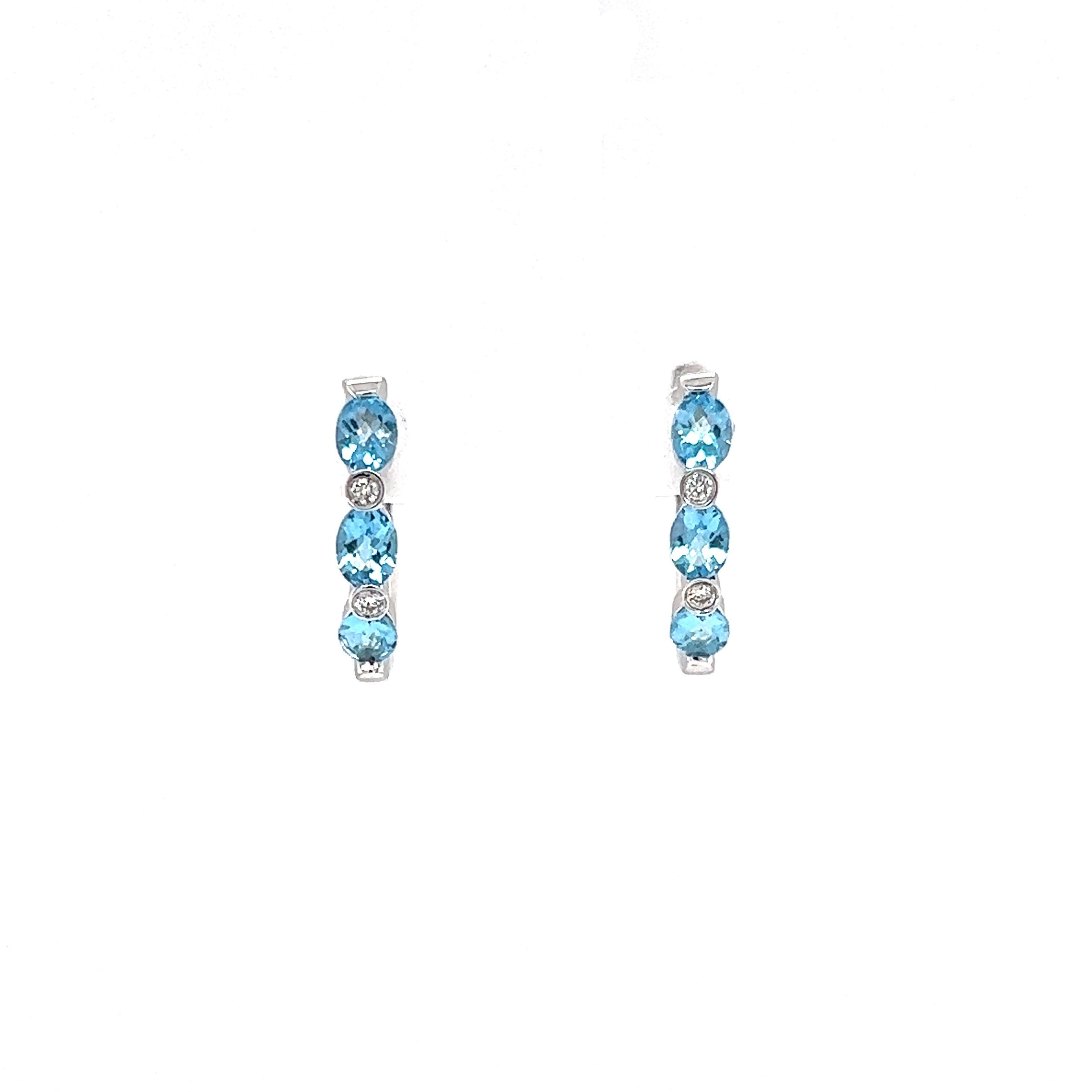 Blue Topaz Hoop Earrings with Four Diamonds in 14K White Gold
