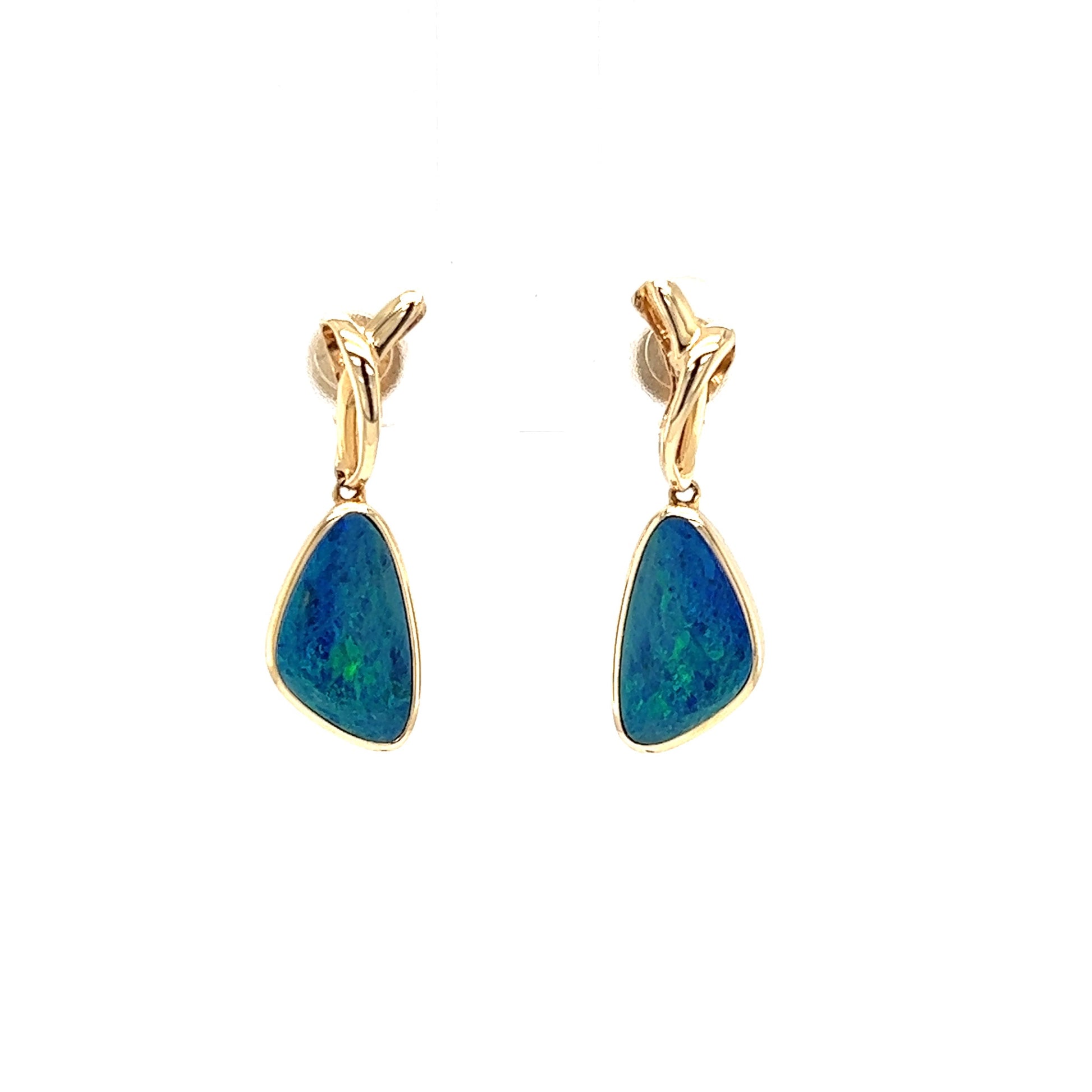 Black Opal Drop Earrings with 3.28ctw of Opal in 14K Yellow Gold Front Hanging View