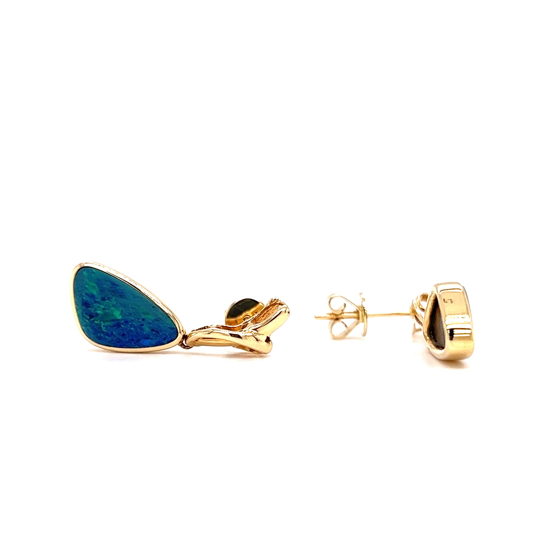 Black Opal Drop Earrings with 3.28ctw of Opal in 14K Yellow Gold Front and Side View