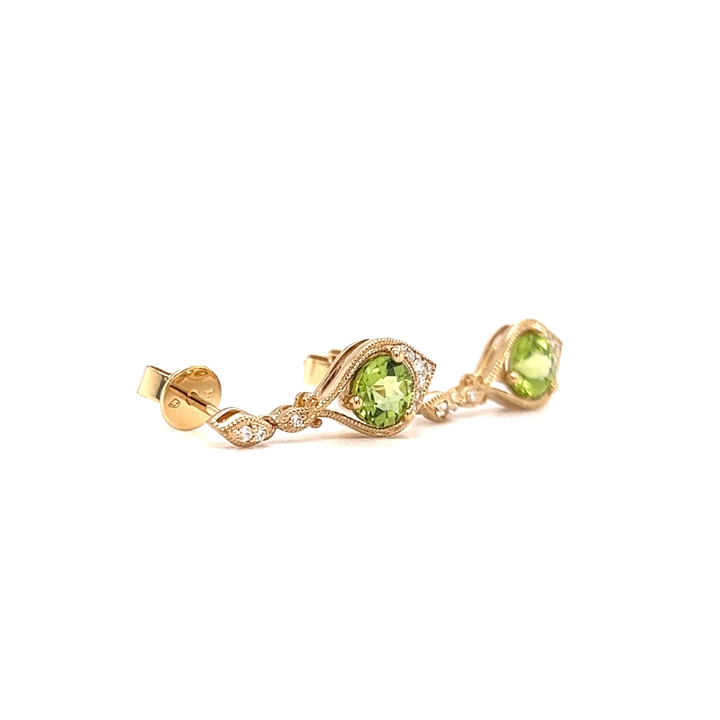 Round Peridot Drop Earrings with Twenty Diamonds in 14K Yellow Gold Left Side View
