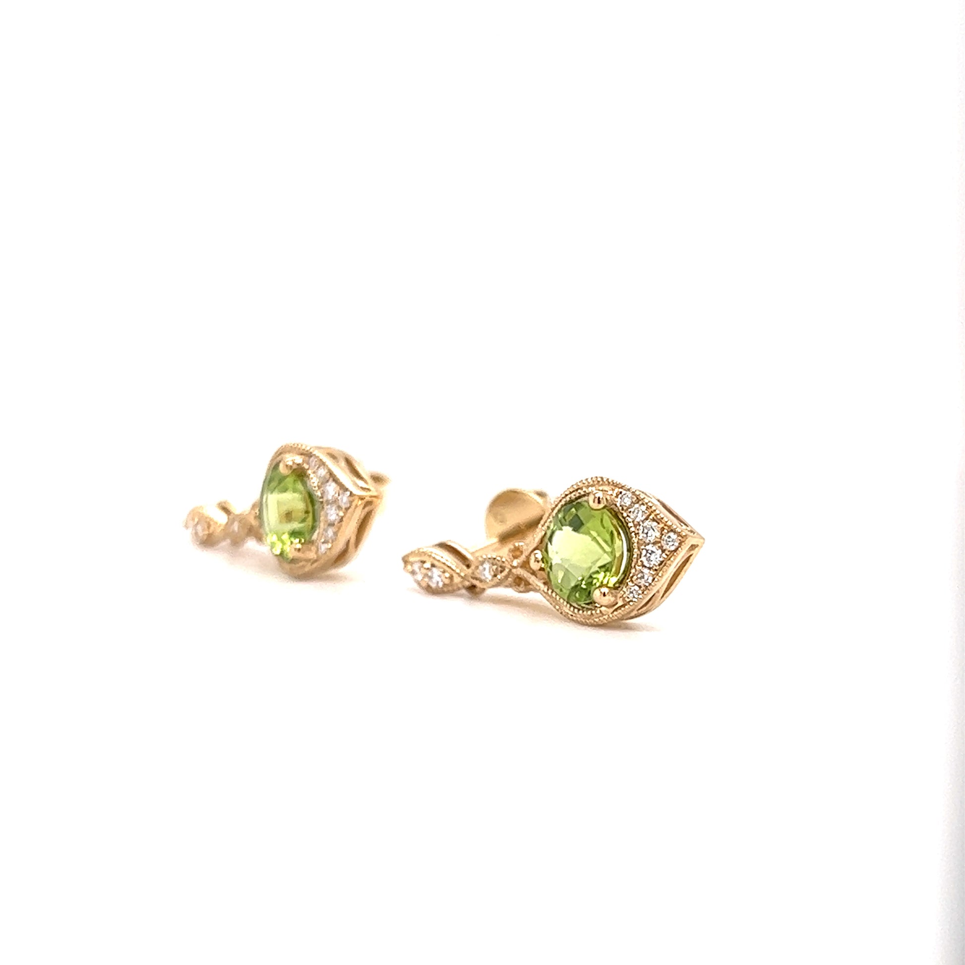 Round Peridot Drop Earrings with Twenty Diamonds in 14K Yellow Gold Right Side View