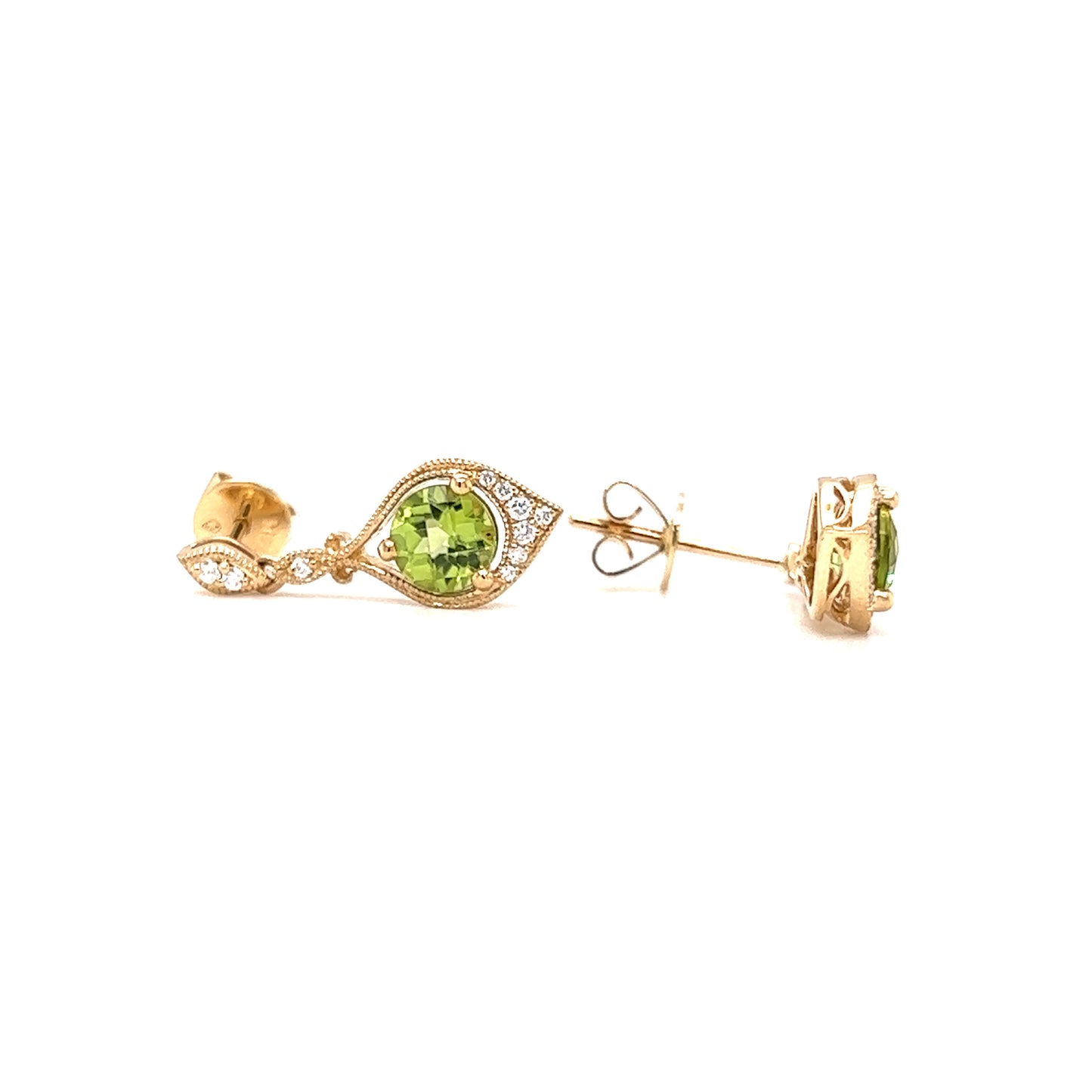 Round Peridot Drop Earrings with Twenty Diamonds in 14K Yellow Gold Front and Side View