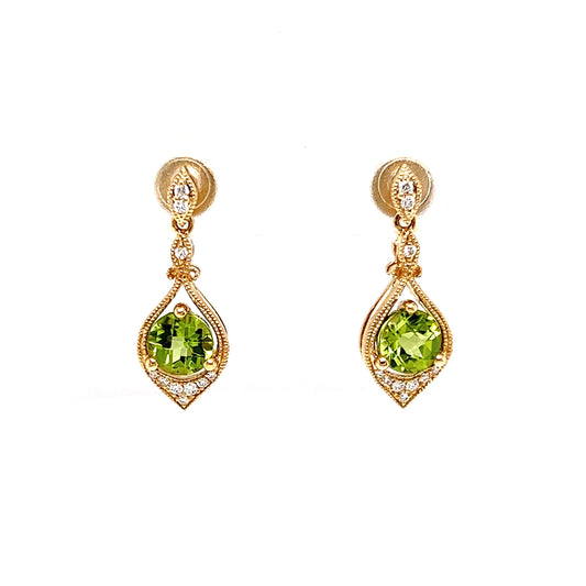 Round Peridot Drop Earrings with Twenty Diamonds in 14K Yellow Gold Hanging Front View