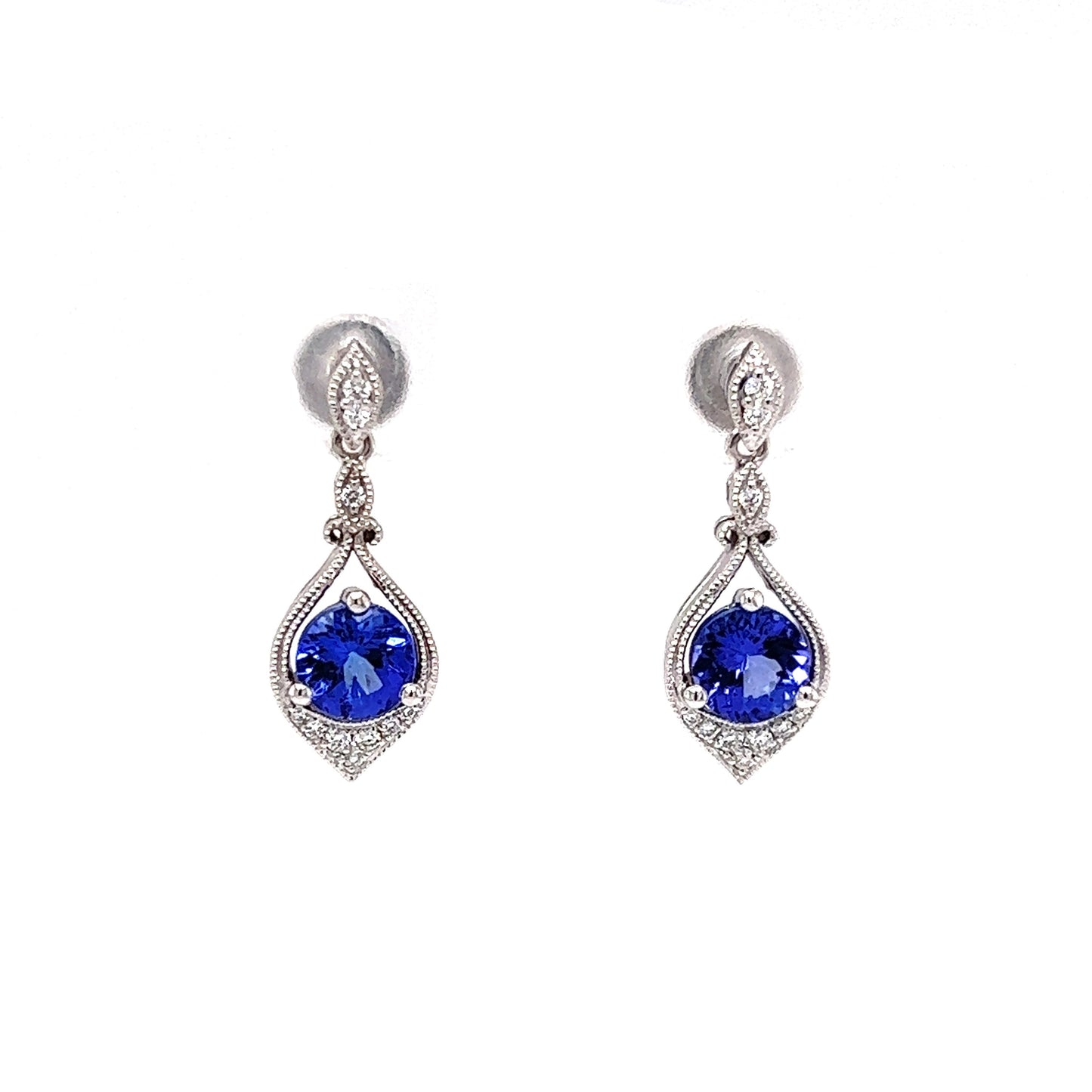 Round Tanzanite Drop Earrings with Twenty Diamonds in 14K White Gold Hanging Front View
