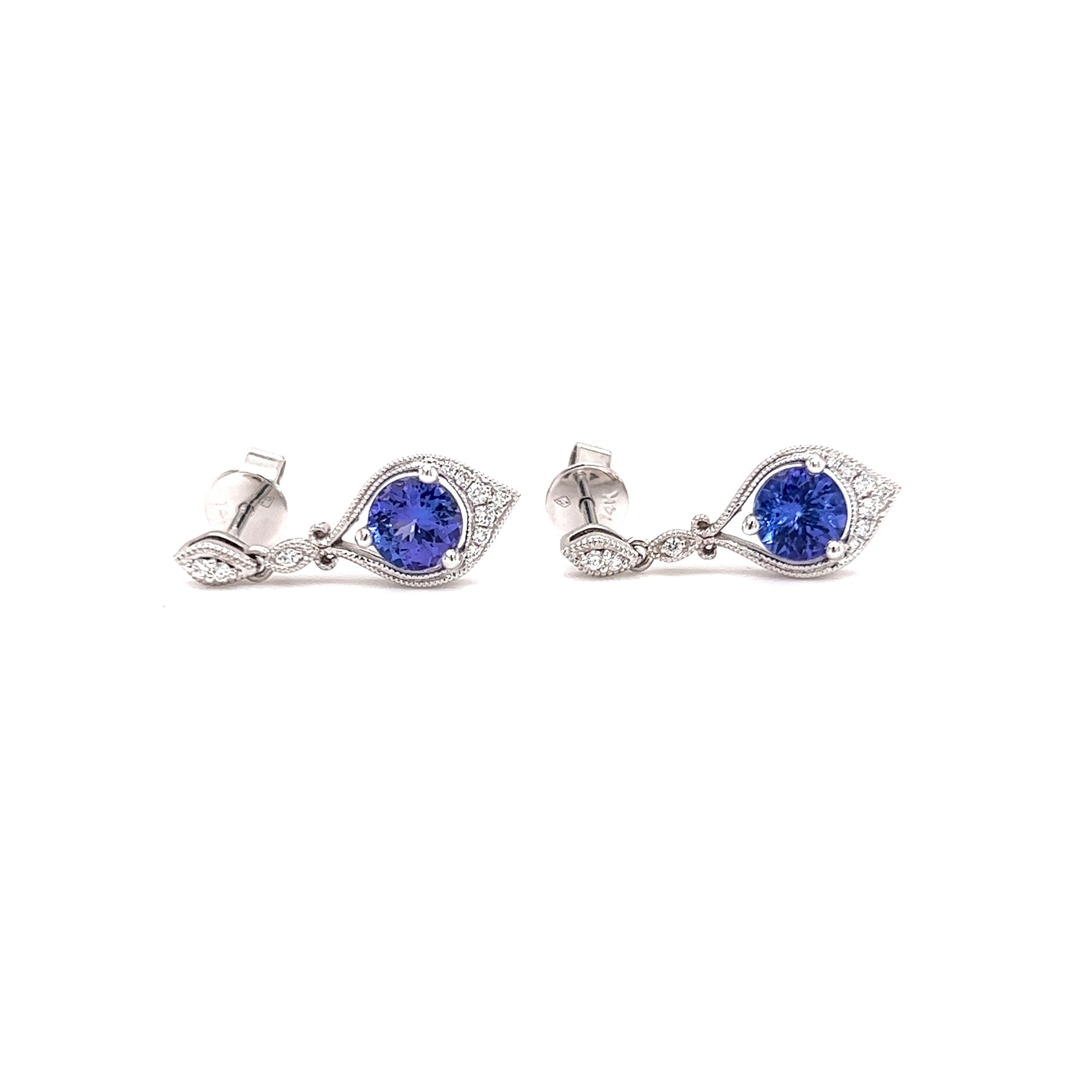 Round Tanzanite Drop Earrings with Twenty Diamonds in 14K White Gold Front Flat View