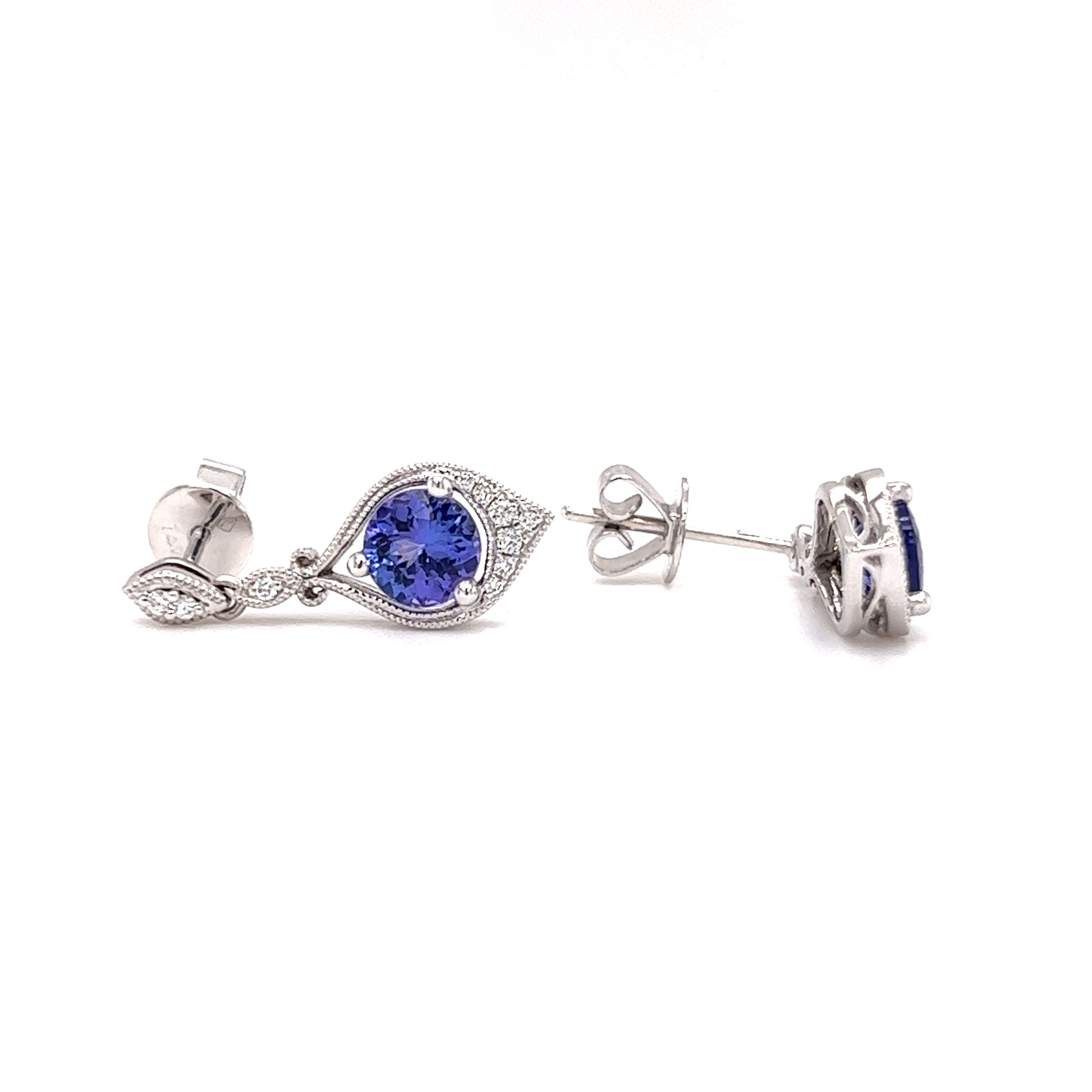 Round Tanzanite Drop Earrings with Twenty Diamonds in 14K White Gold Front and Side View