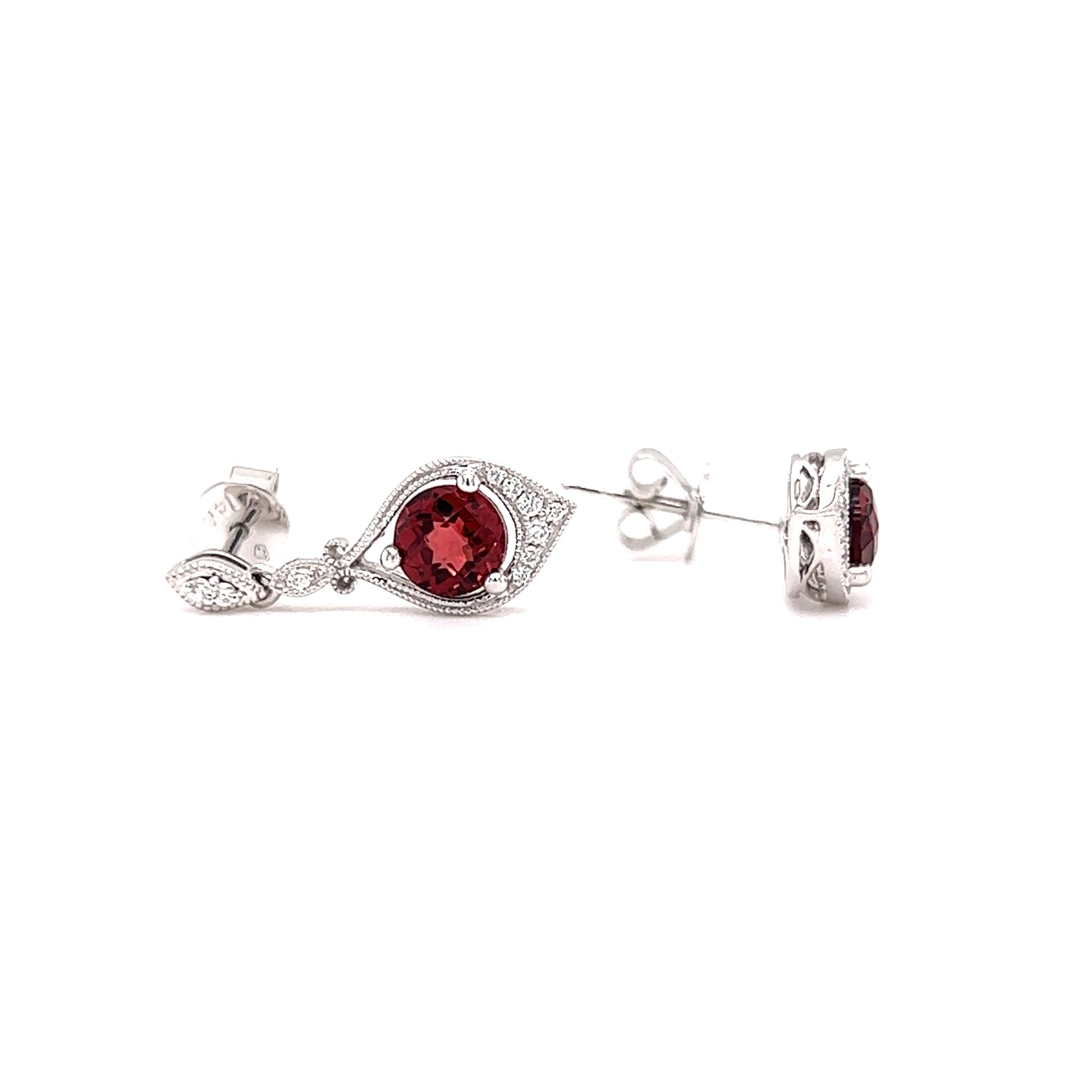 Round Garnet Drop Earrings with Twenty Diamonds in 14K Yellow Gold Front and Side View