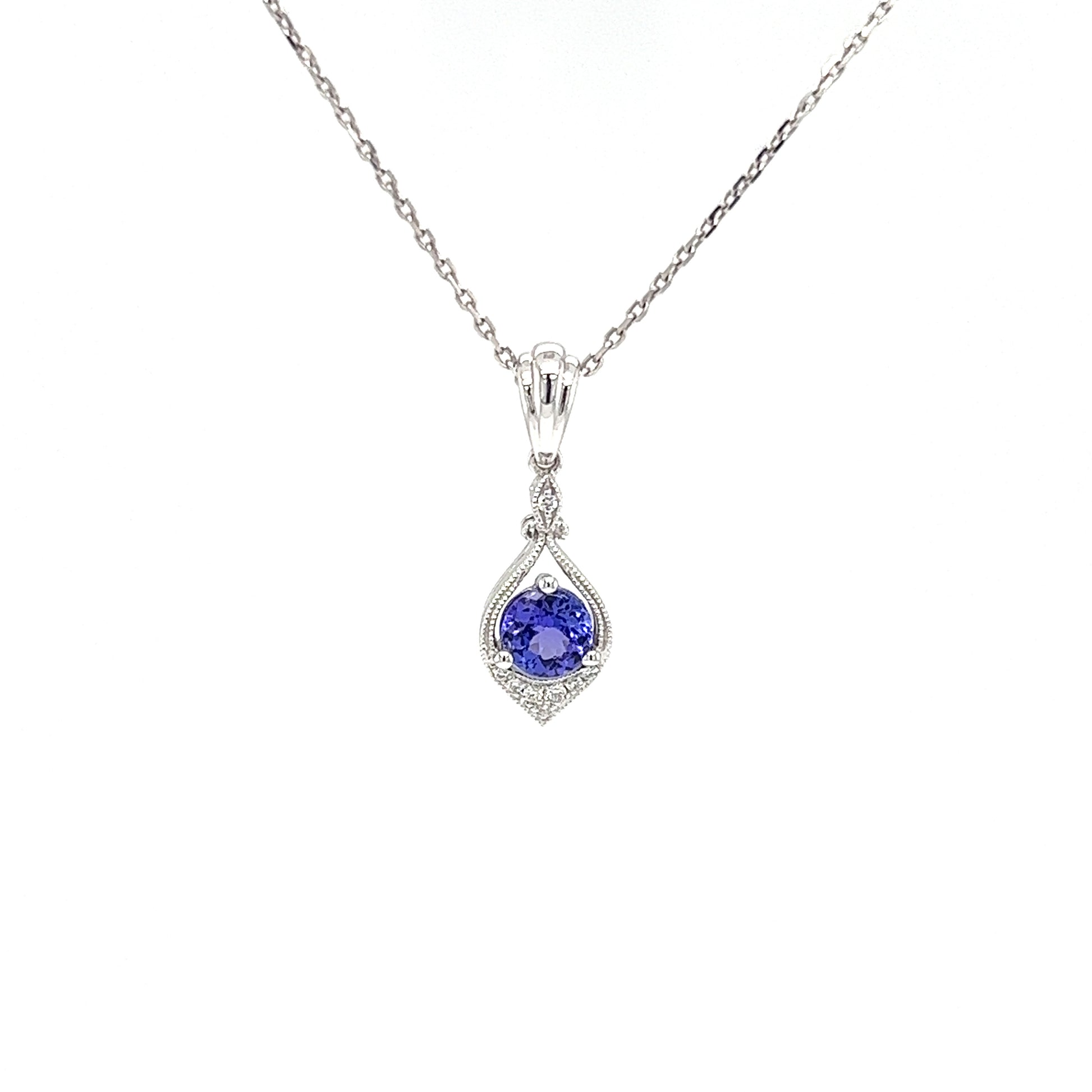 Tanzanite Pendant with Eight Diamonds in 14K White Gold Front View with Chain