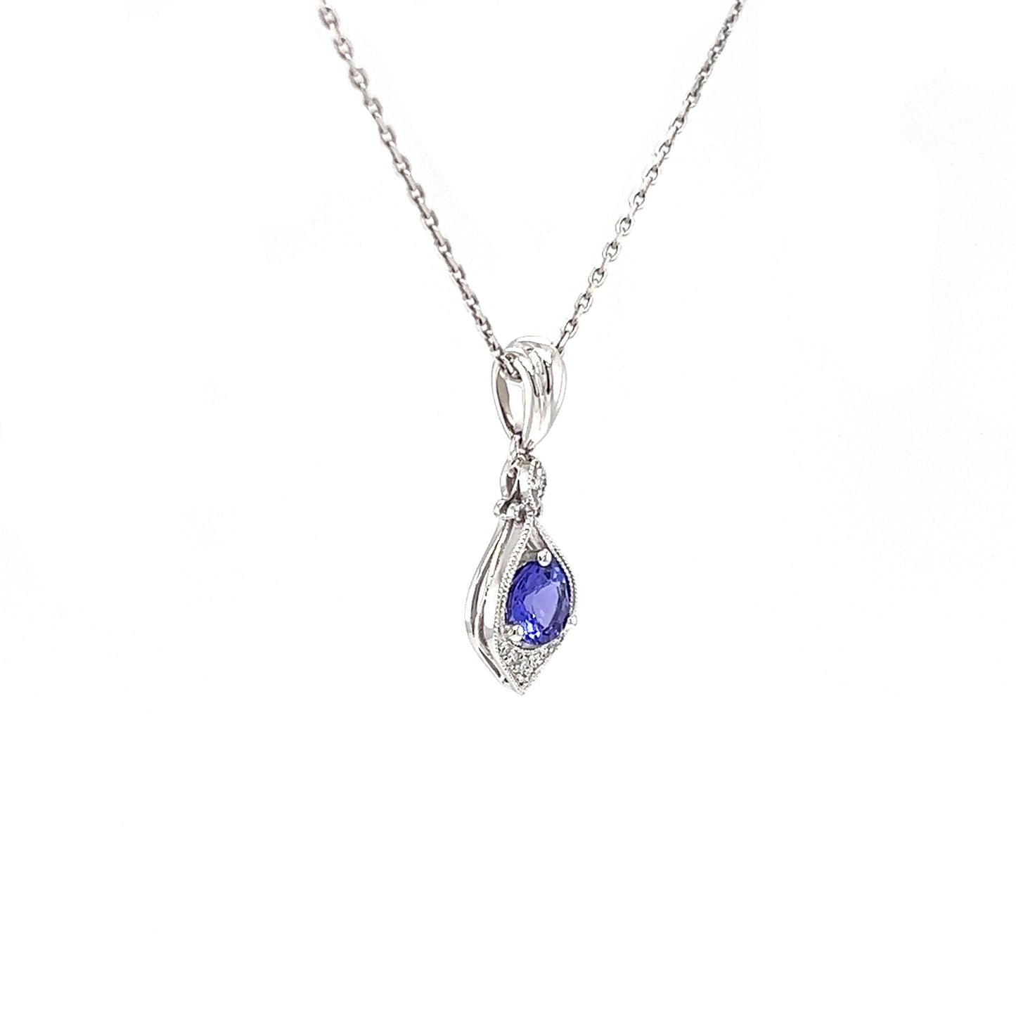 Tanzanite Pendant with Eight Diamonds in 14K White Gold Left Side View with Chain