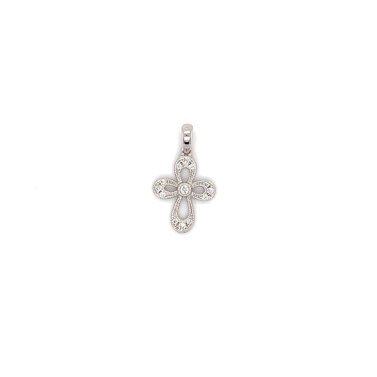 Diamond Cross with Milgrain Details in 14K White Gold Front View