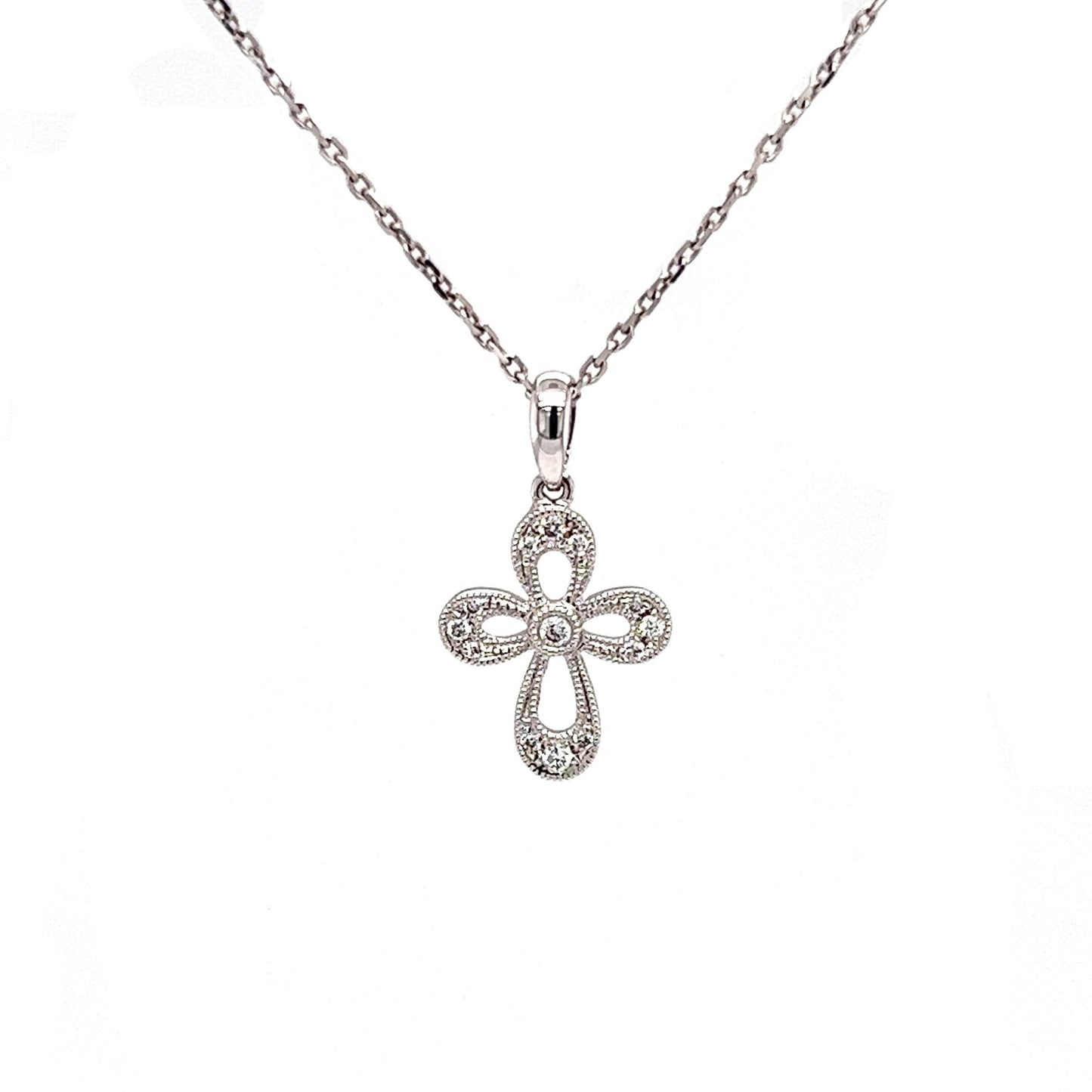 Diamond Cross with Milgrain Details in 14K White Gold Front View With Chain