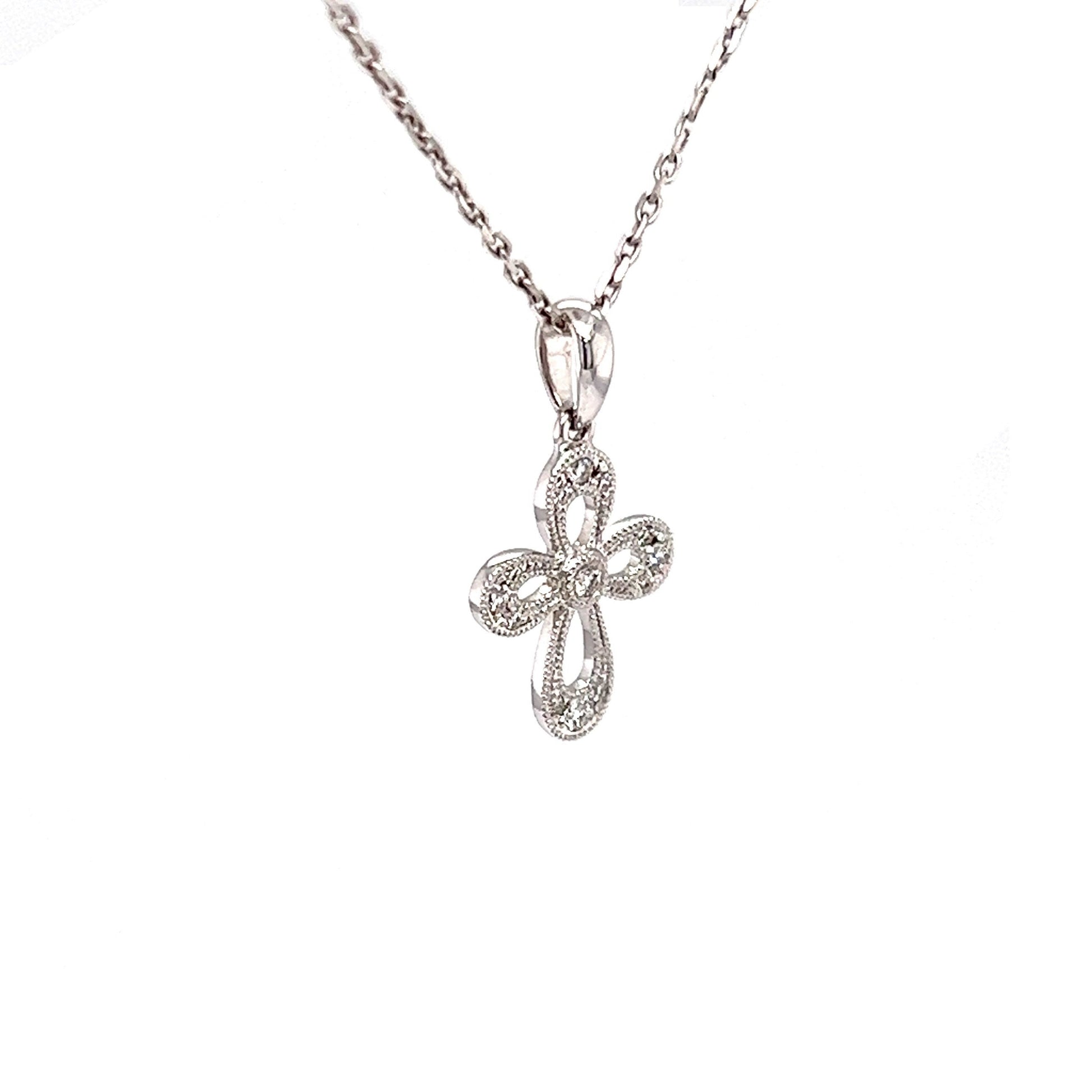 Diamond Cross with Milgrain Details in 14K White Gold Left Side View with Chain