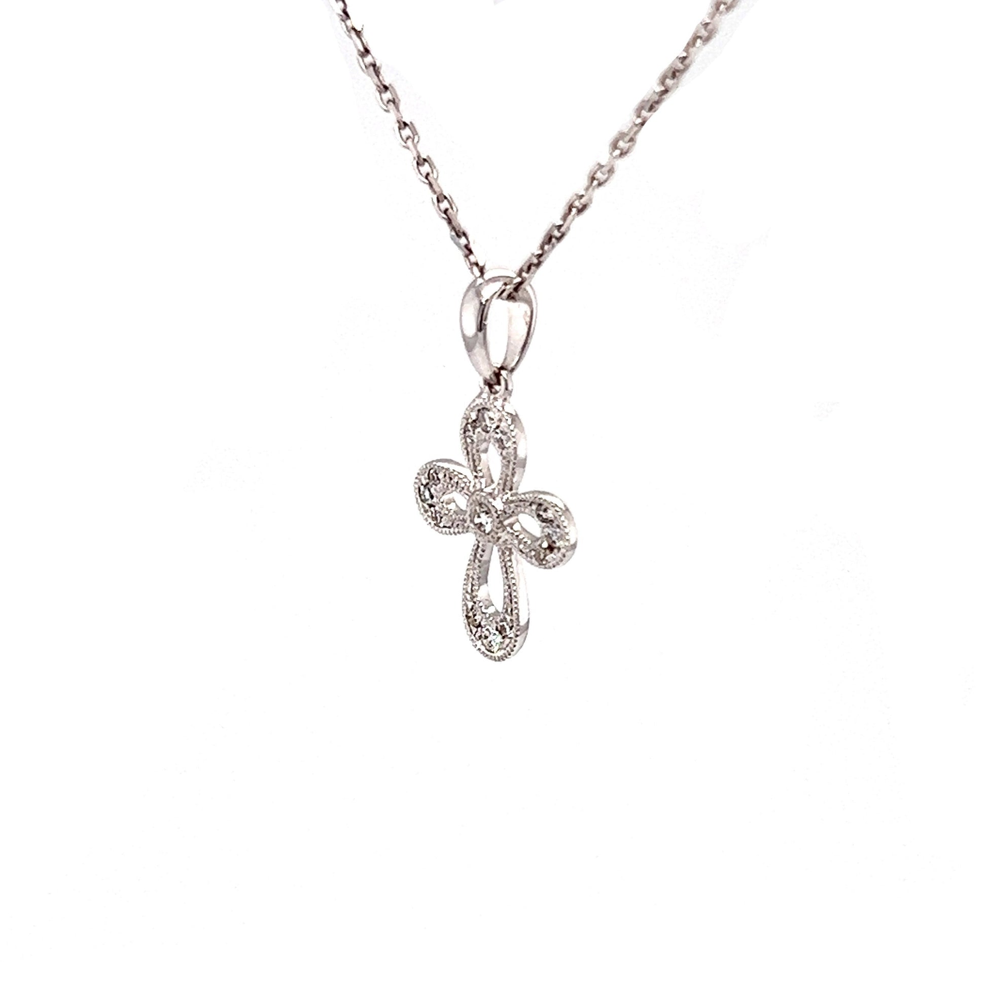 Diamond Cross with Milgrain Details in 14K White Gold Right Side View with Chain