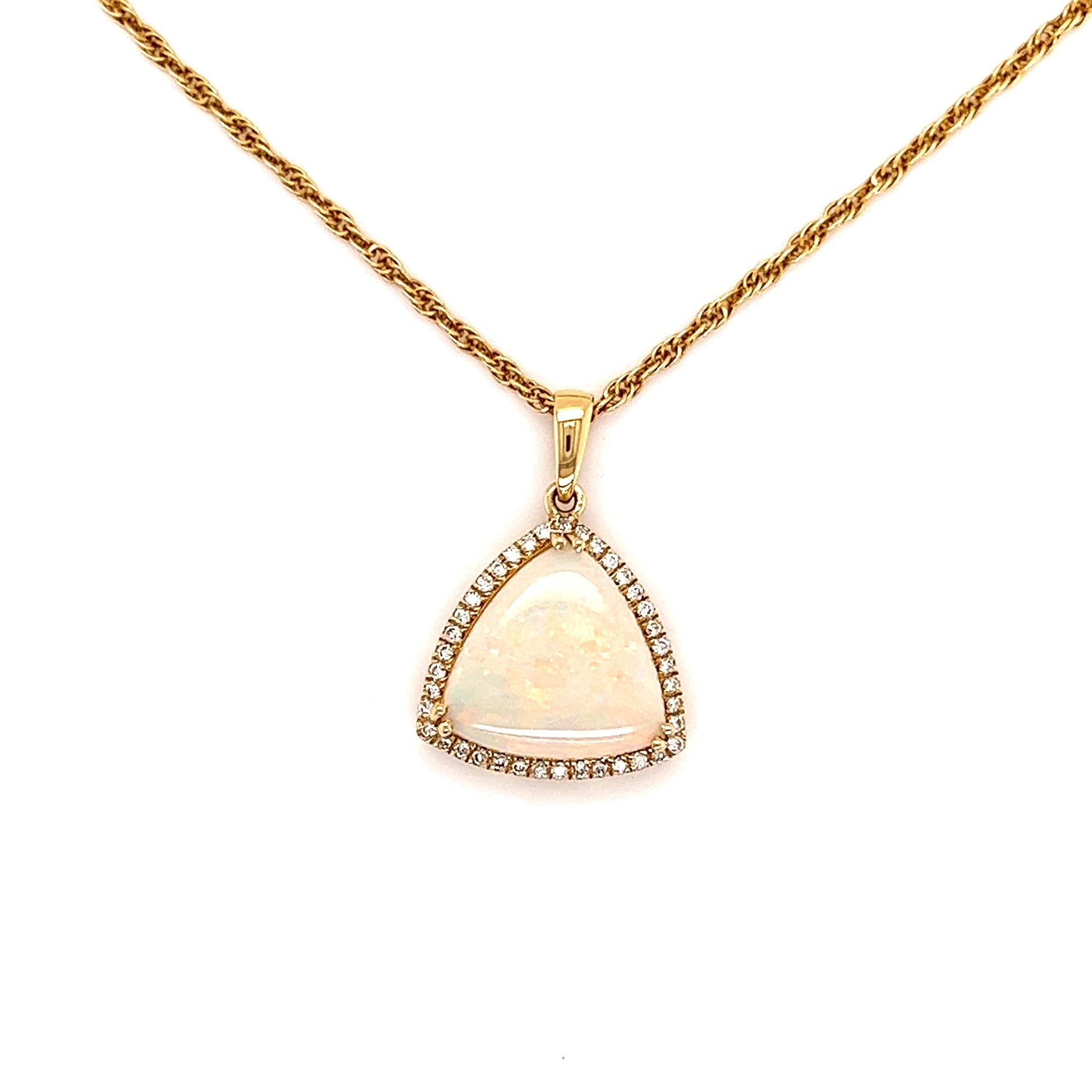 White Opal Pendant with Diamond Halo in 14K Yellow Gold Front View with Chain