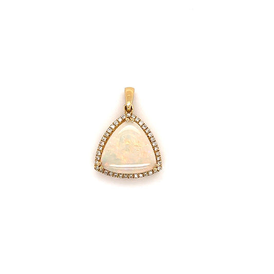 White Opal Pendant with Diamond Halo in 14K Yellow Gold Front View