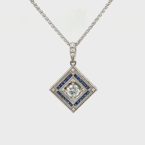 Square on Point Diamond Necklace with 0.64ctw of Blue Sapphires in White Gold Video