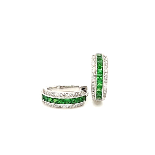 Tsavorite Hoop Earrings with 0.17ctw of Diamonds in 14K White Gold  Front View