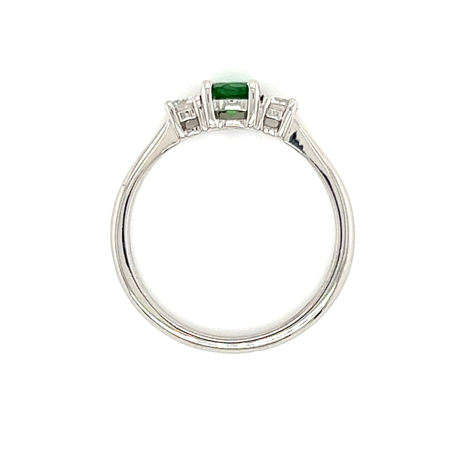 Round Tsavorite Ring with Two Side Diamonds in 14K White Gold Top View