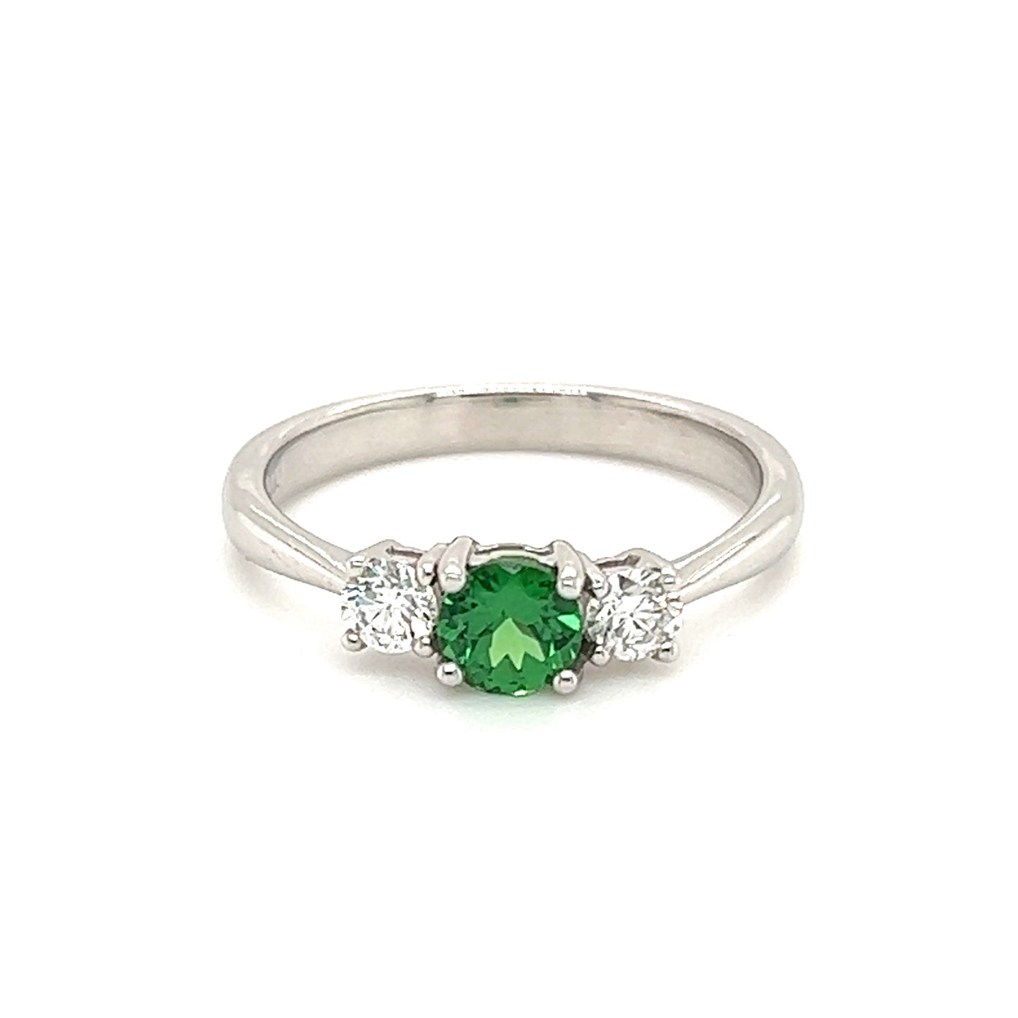 Round Tsavorite Ring with Two Side Diamonds in 14K White GoldFront View