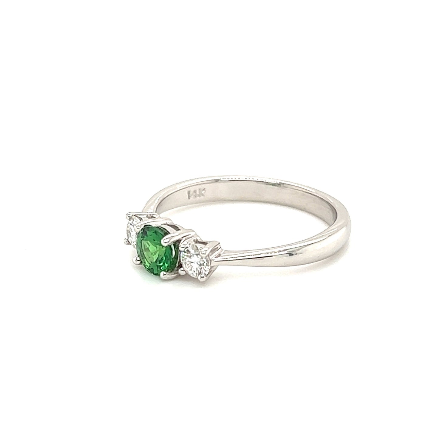 Round Tsavorite Ring with Two Side Diamonds in 14K White Gold Right Side View
