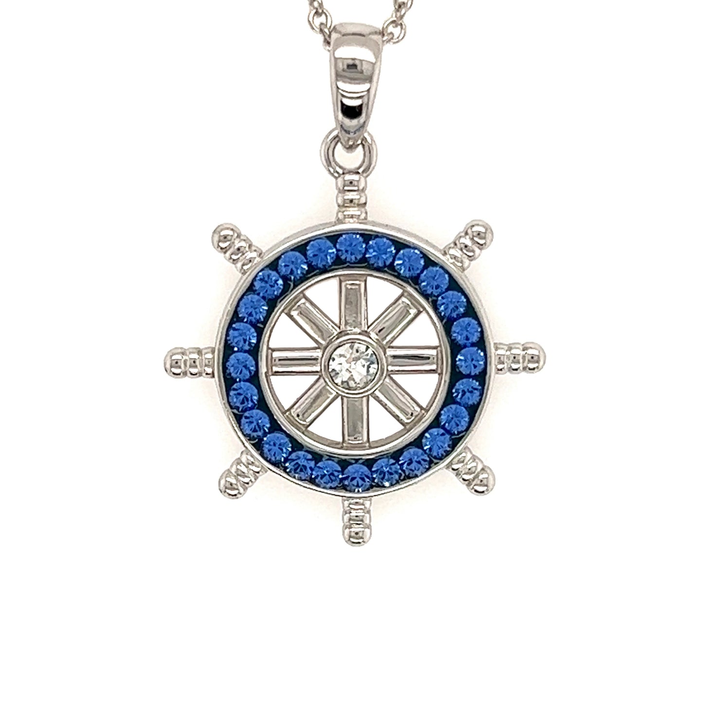 Ship's Wheel Necklace with Blue Crystals in Sterling Silver Pendant Front View