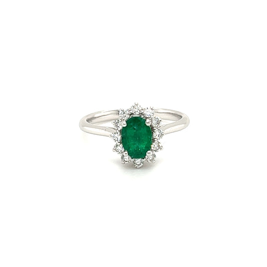 Oval Emerald Ring with Floral Diamond Halo in 18K White Gold Front View