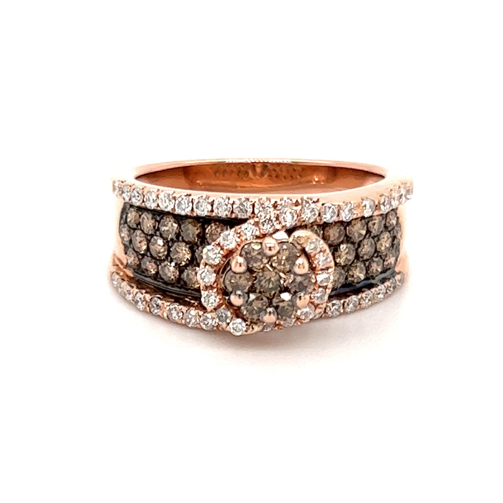Cognac Diamond Crossover with Fifty-Six White Diamonds Ring in 14K Rose Gold Front View