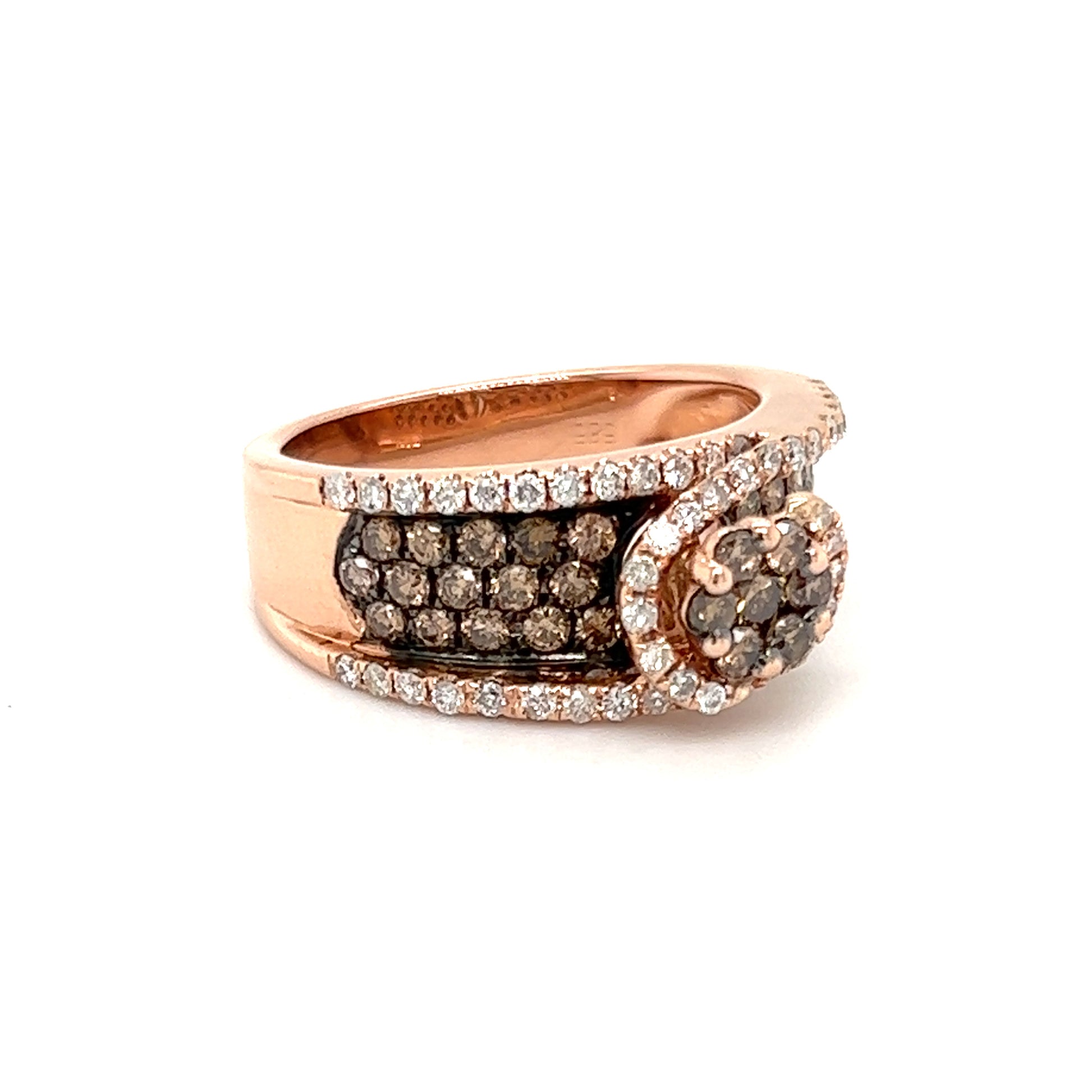 Cognac Diamond Crossover with Fifty-Six White Diamonds Ring in 14K Rose Gold Left Side View