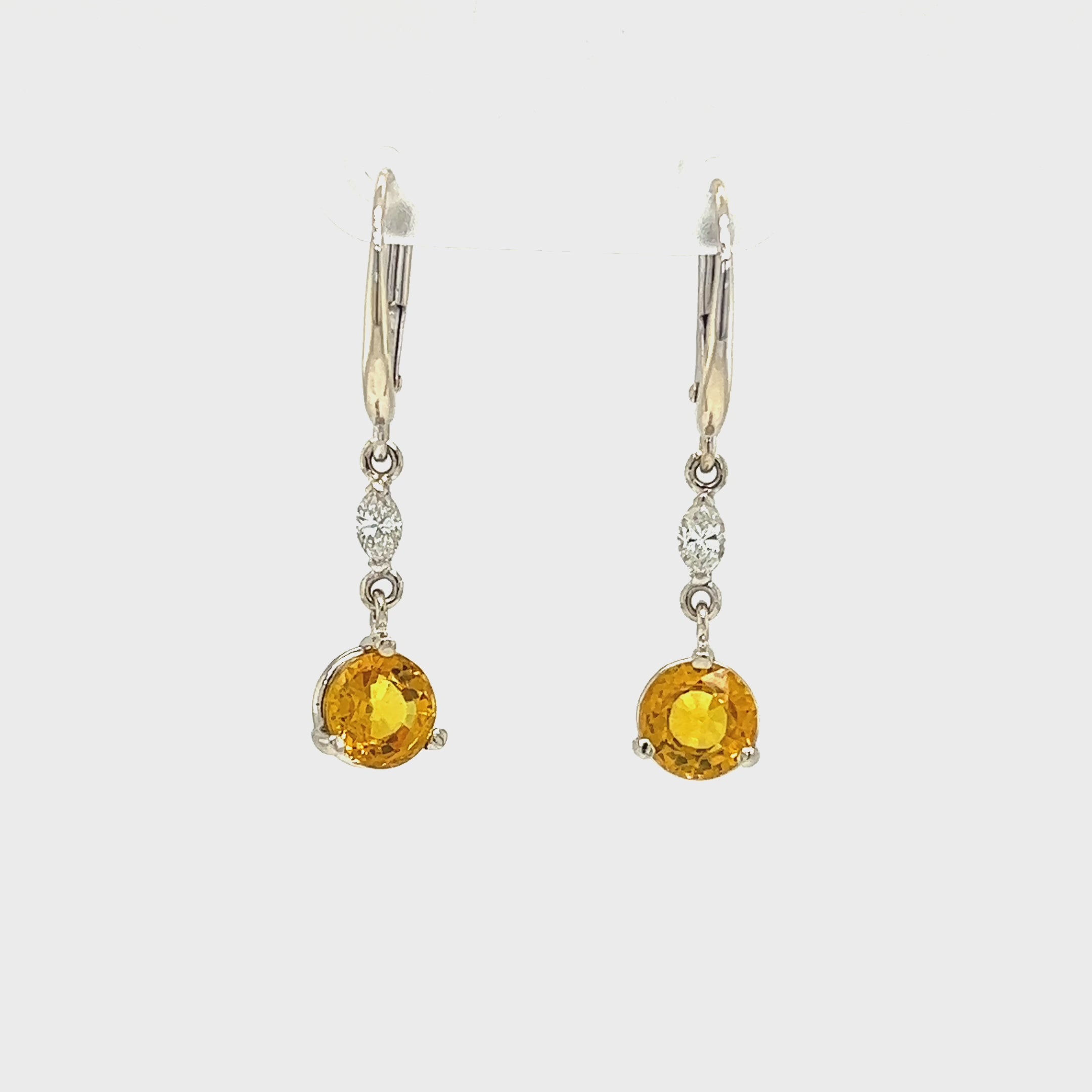 Yellow Sapphire Dangle Earrings with Two Marquise Accent Diamonds in 14K  White Gold