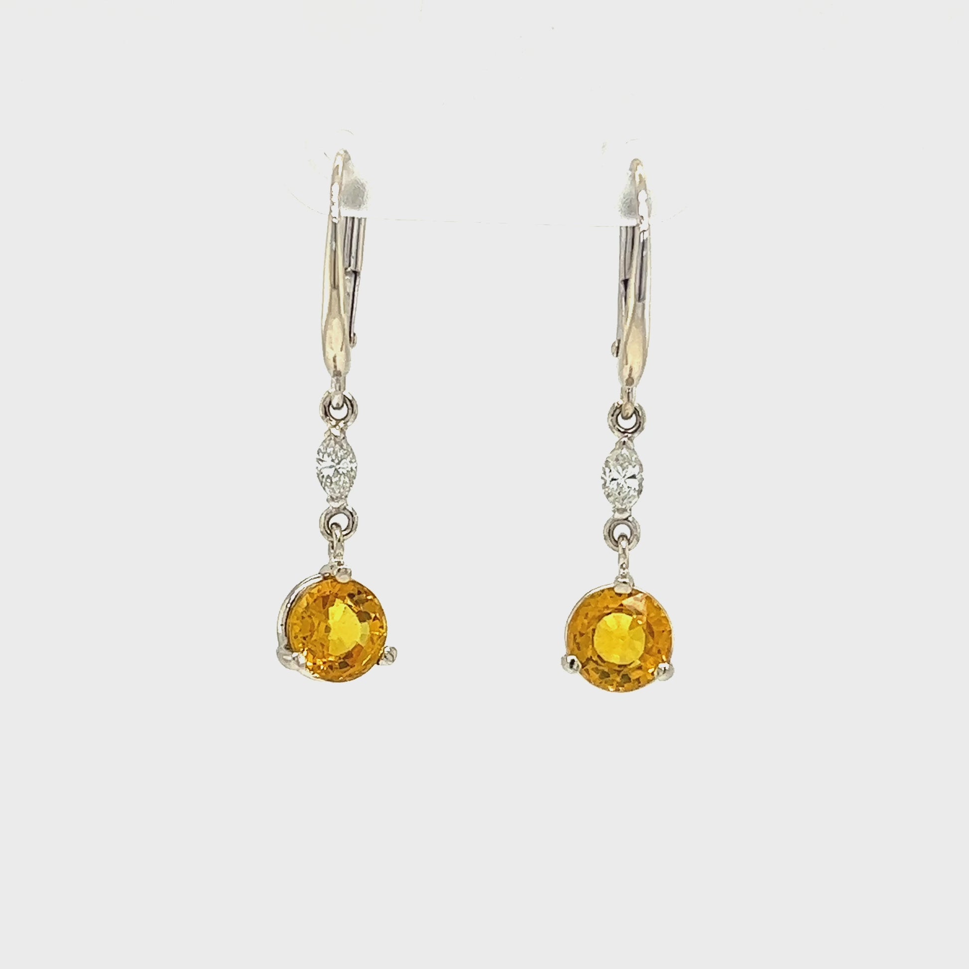 Yellow Sapphire Dangle Earrings with Two Marquise Accent Diamonds in 14K White Gold Video
