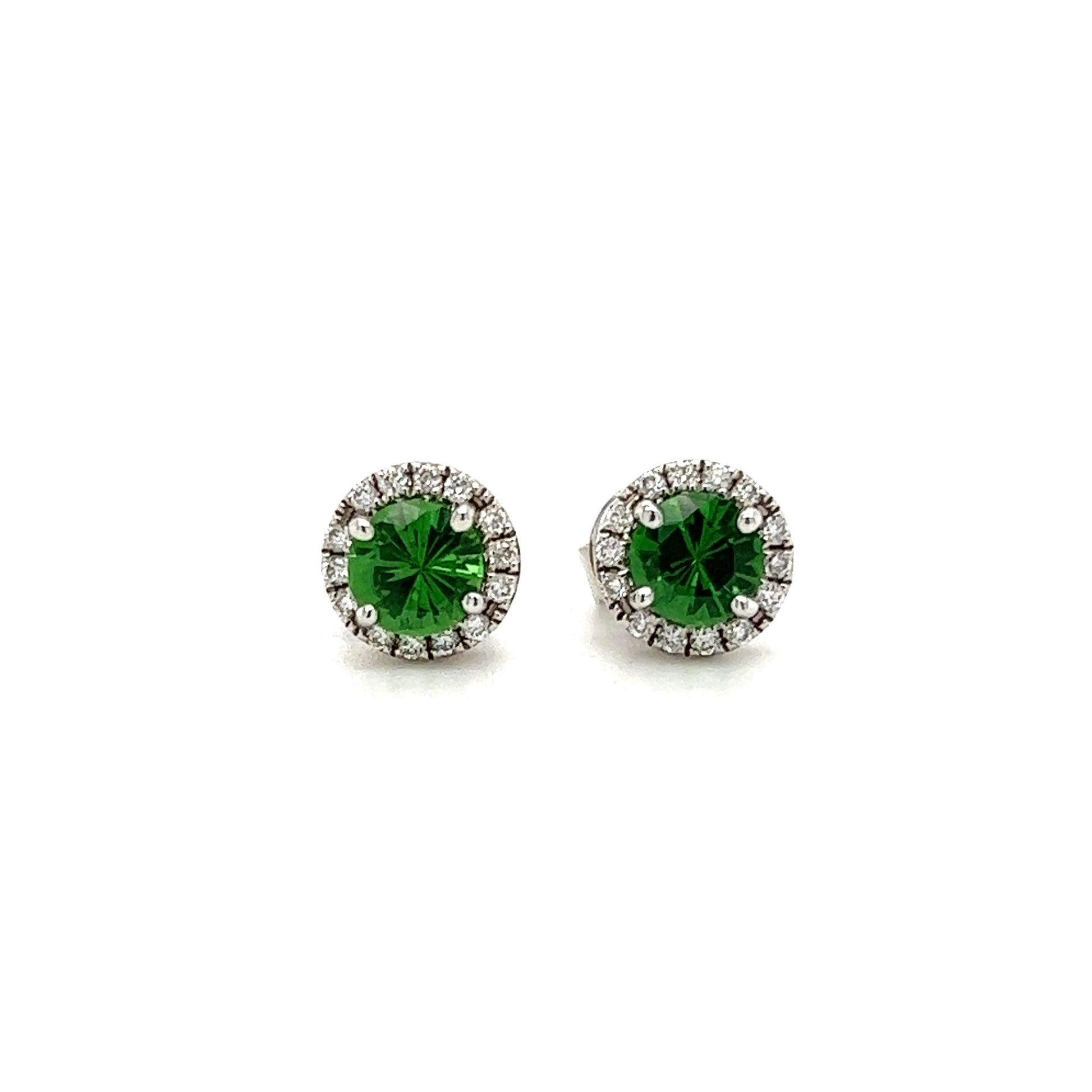Round Tsavorite Stud Earrings with Diamonds Halo in 14K White Gold Front View