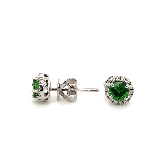 Round Tsavorite Stud Earrings with Diamonds Halo in 14K White Gold Front and Side View