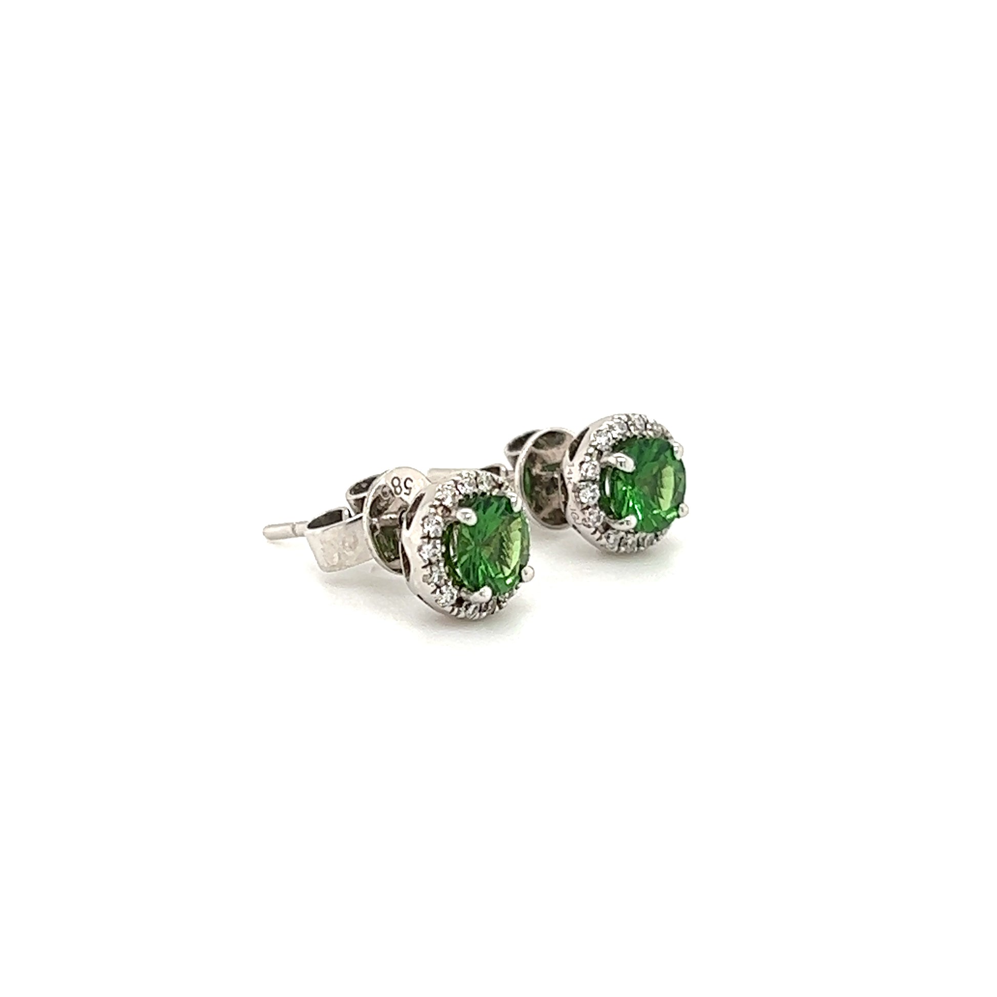 Round Tsavorite Stud Earrings with Diamonds Halo in 14K White Gold Left Side View