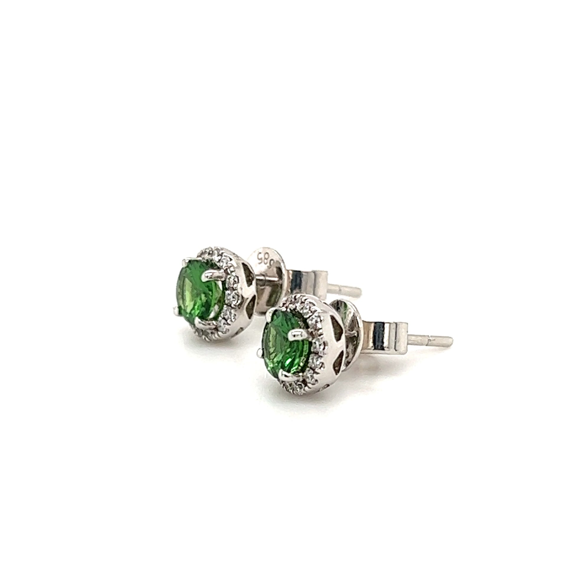 Round Tsavorite Stud Earrings with Diamonds Halo in 14K White Gold Right Side View