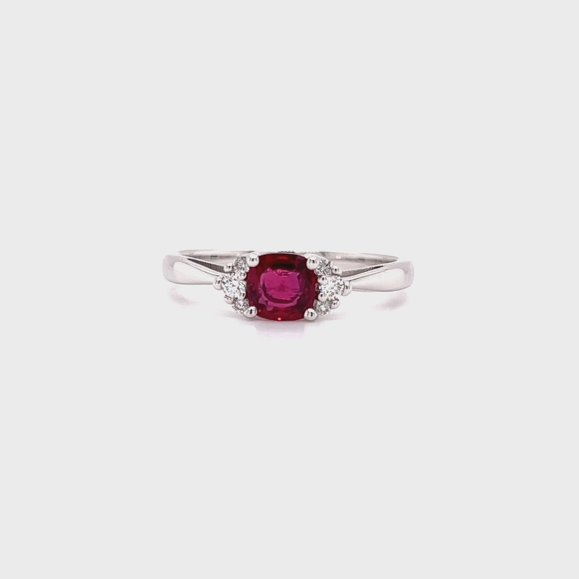 Cushion Ruby Ring With Six Side Diamonds in 14K White Gold Video