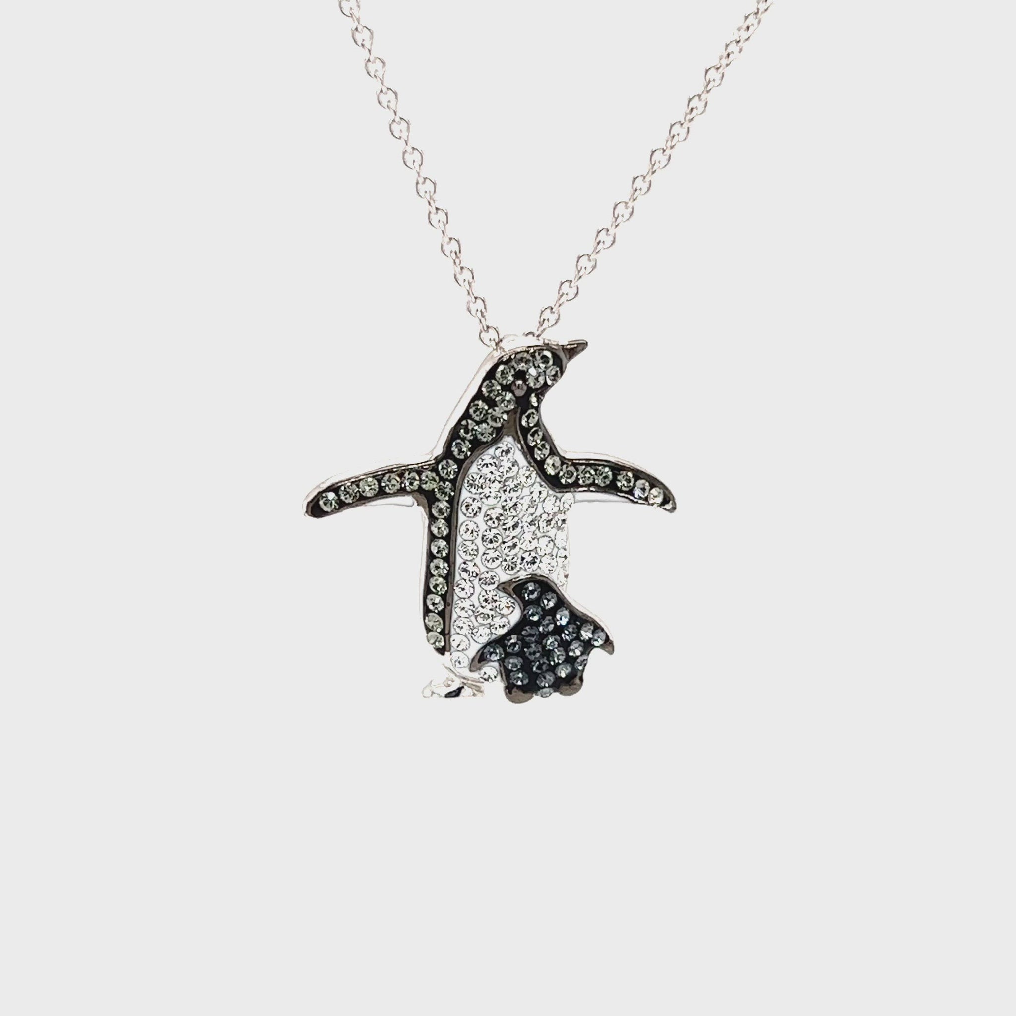 Penguin and Baby Necklace with Crystals in Sterling Silver Video