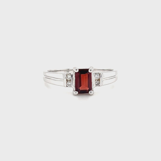 Baguette Garnet Ring with Four Side Diamonds in 14K White Gold Video