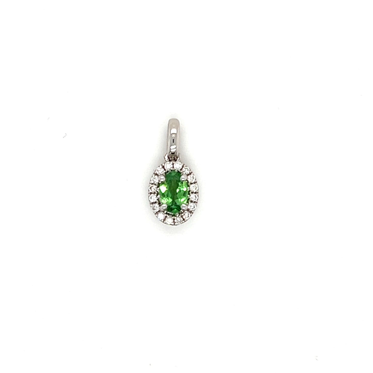 Oval Tsavorite Pendant with Diamond Halo in 14K White Gold Front View
