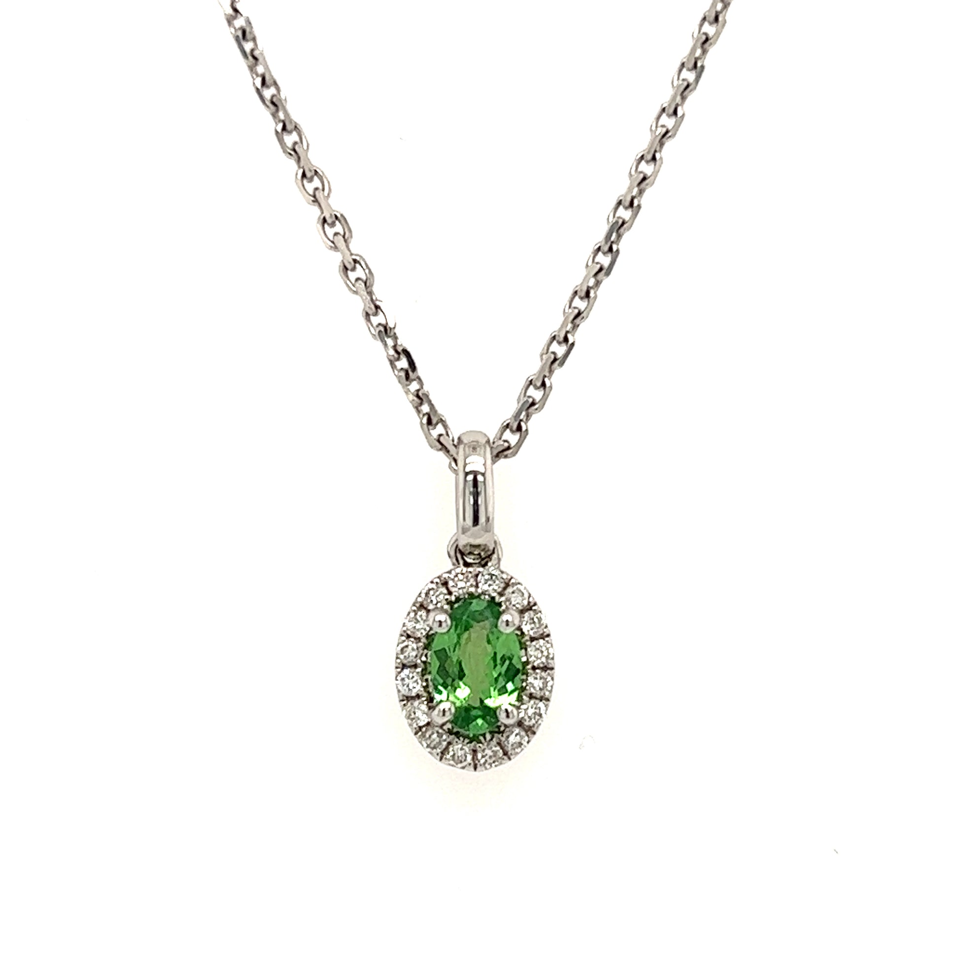 Oval Tsavorite Pendant with Diamond Halo in 14K White Gold Pendant and Chain Front View