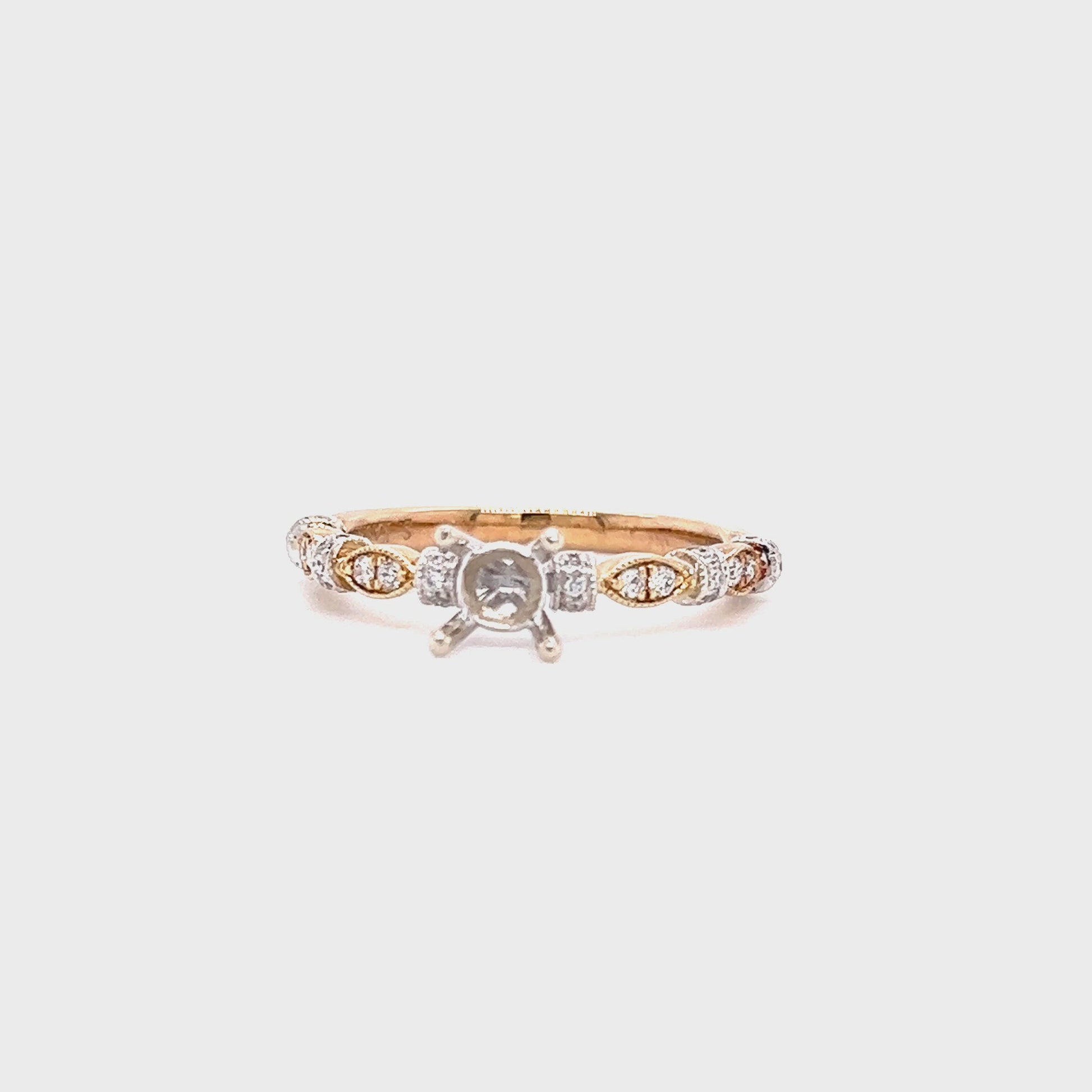 Milgrain Ring Setting with Side Diamonds in 14K Yellow and White Gold Video