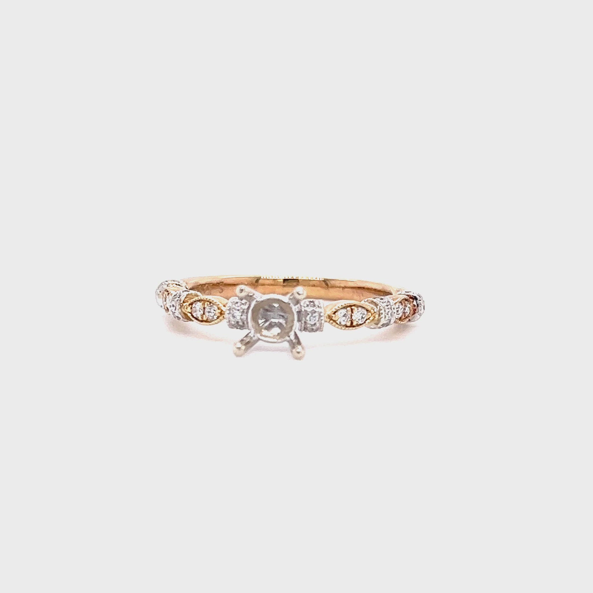 Milgrain Ring Setting with Side Diamonds in 14K Yellow and White Gold Video