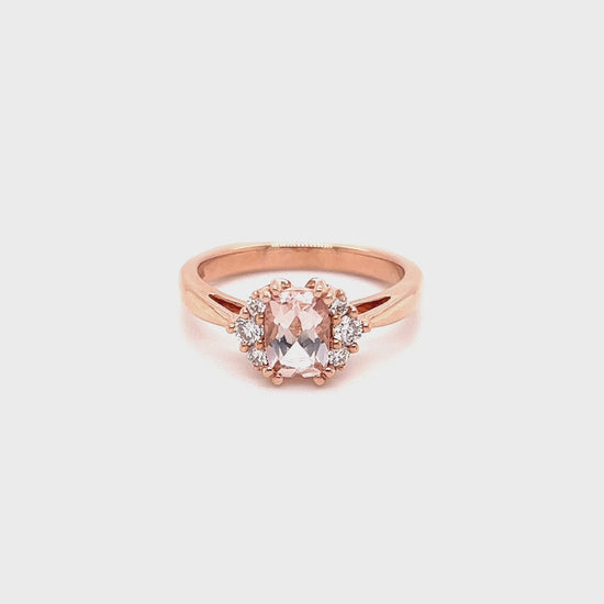 Elongated Cushion Morganite Ring with Six Side Diamonds in 14K Rose Gold Video