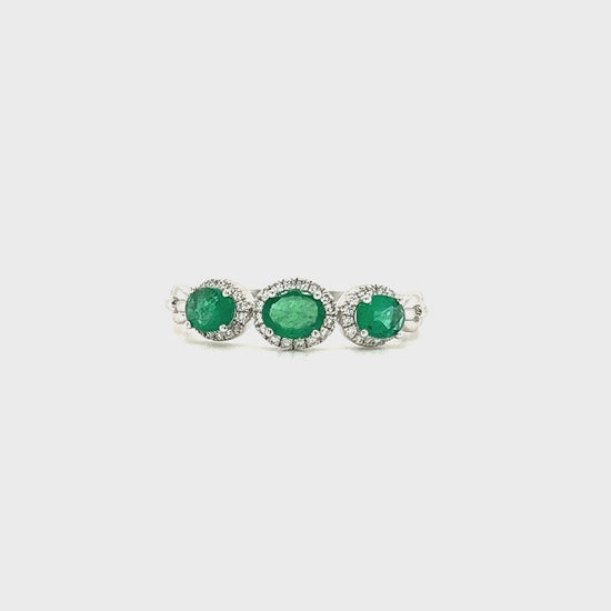 Three Stone Emerald Ring with Forty-Eight Diamonds in 14K White Gold Video