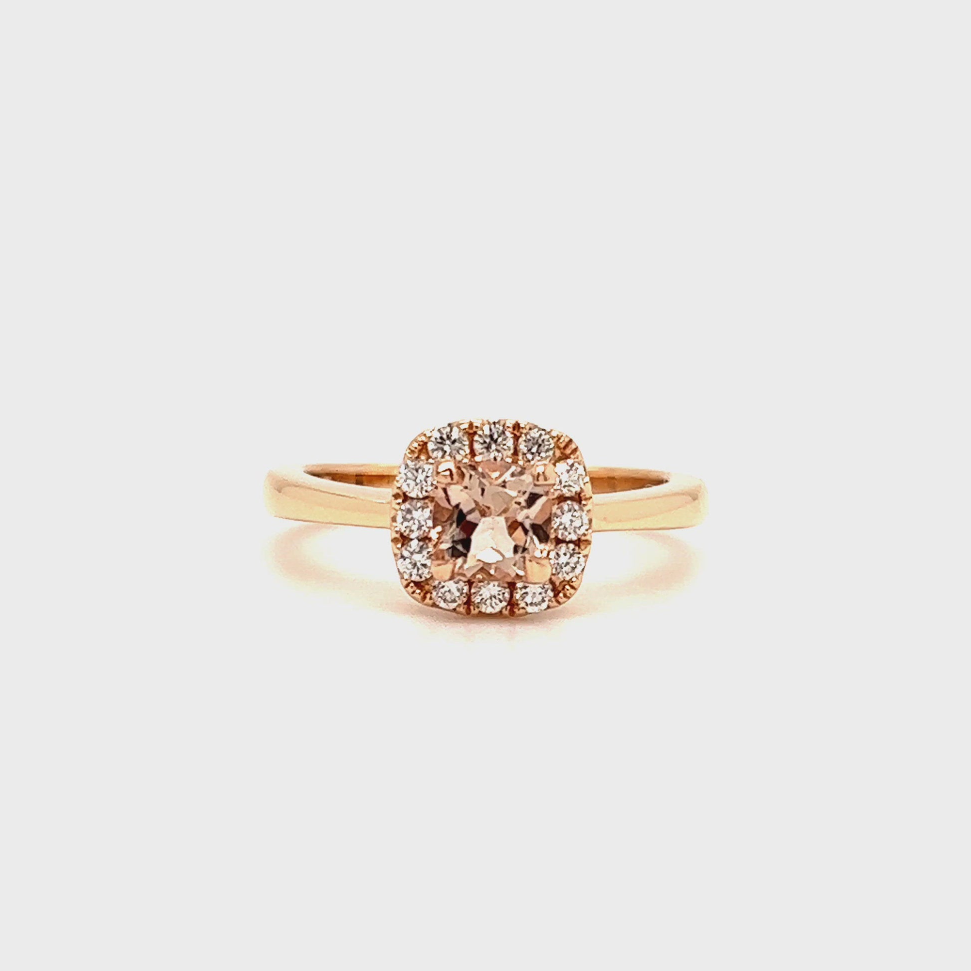 Cushion Morganite Ring with Diamond Halo in 14K Rose Gold Video