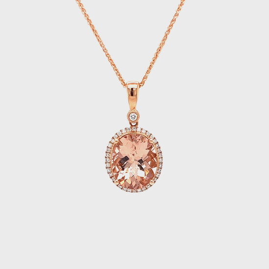 Oval Morganite Necklace with Diamond Halo in 14K Rose Gold Fast Video